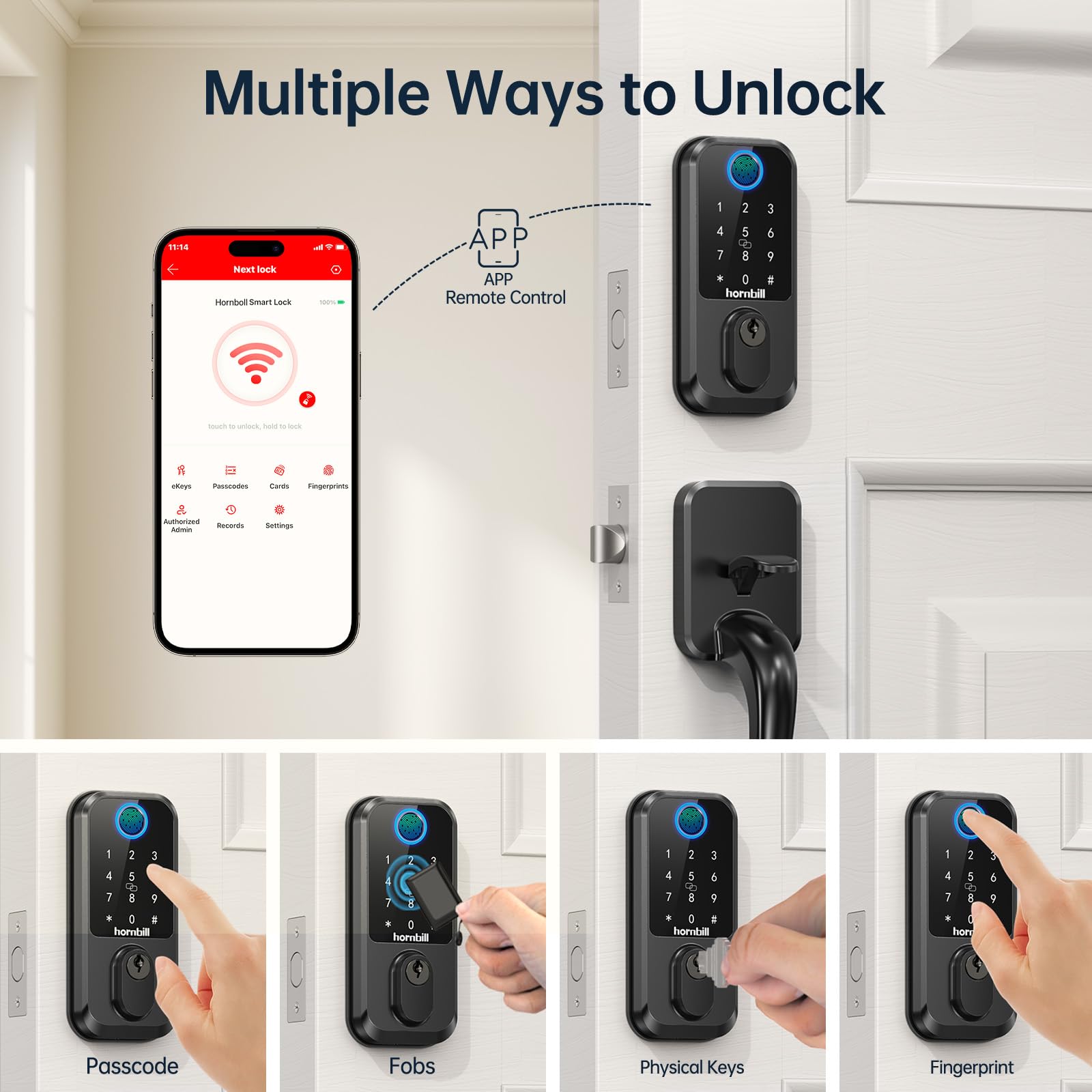 Hornbill Wifi Smart Deadbolt Lock: Front Door Lock Set Keyless Entry With Handle, Smart Locks For Front Door, Alexa Compatible, Fingerprint Keypad Deadbolt, Touchscreen,App Remote Control, Matte Black