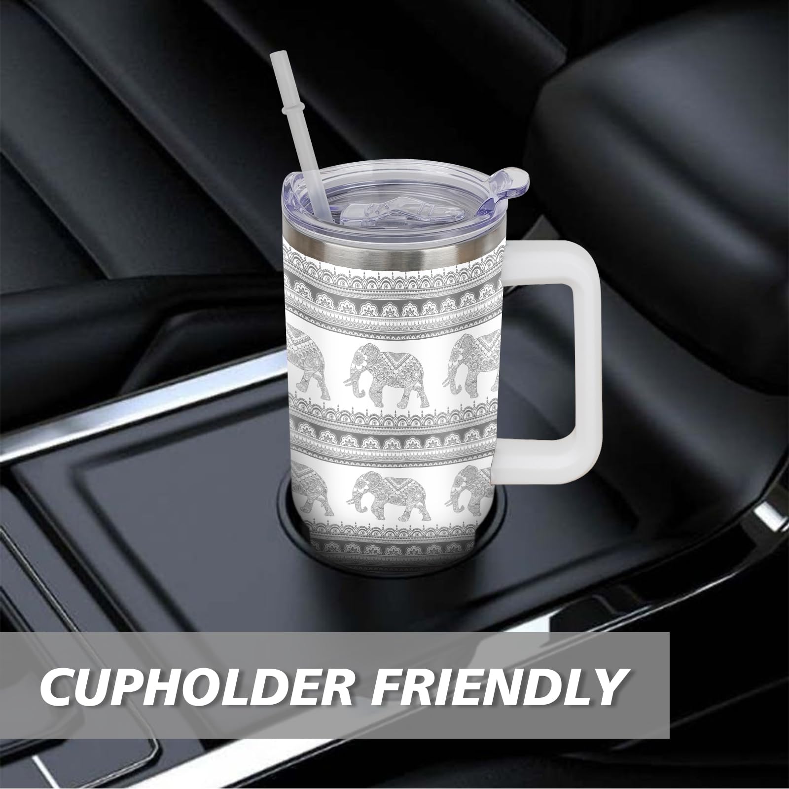 40 Oz Elephant Tumbler With Handle And Straw, Gray Mandala Floral Stainless Steel Vacuum Insulated