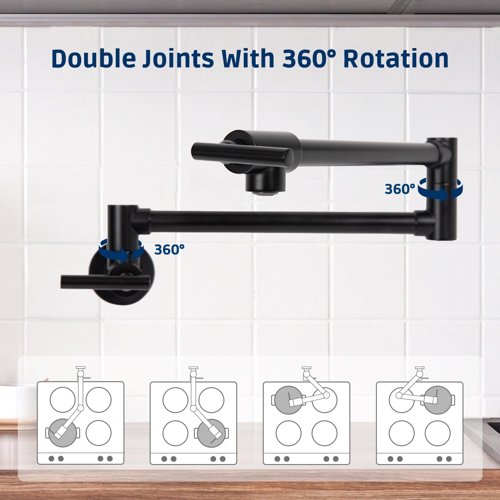 Allkorma 24" Brass Pot Filler Faucet, Wall Mount Over Stove Kitchen Folding Faucet, Pot Fillers For Stove, 2 Handles With Double Joint Swing Arms, Matte Black