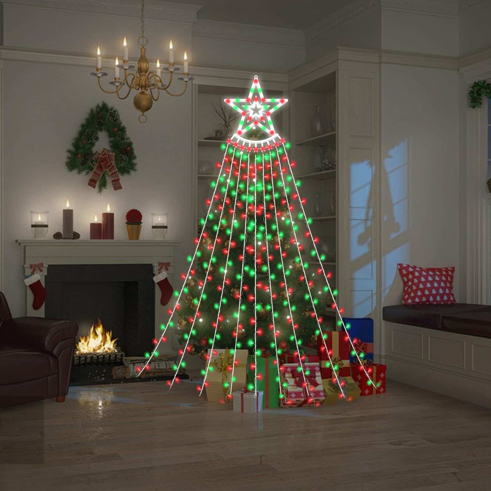Vtznoj 350 Led Christmas Decorations Star String Lights Waterproof Waterfall Starlights 8 Light Modes Remote & Timer,Waterproof Seasonal Lighting Decor For Home Xmas Tree Yard Wedding Party (Red&Green)