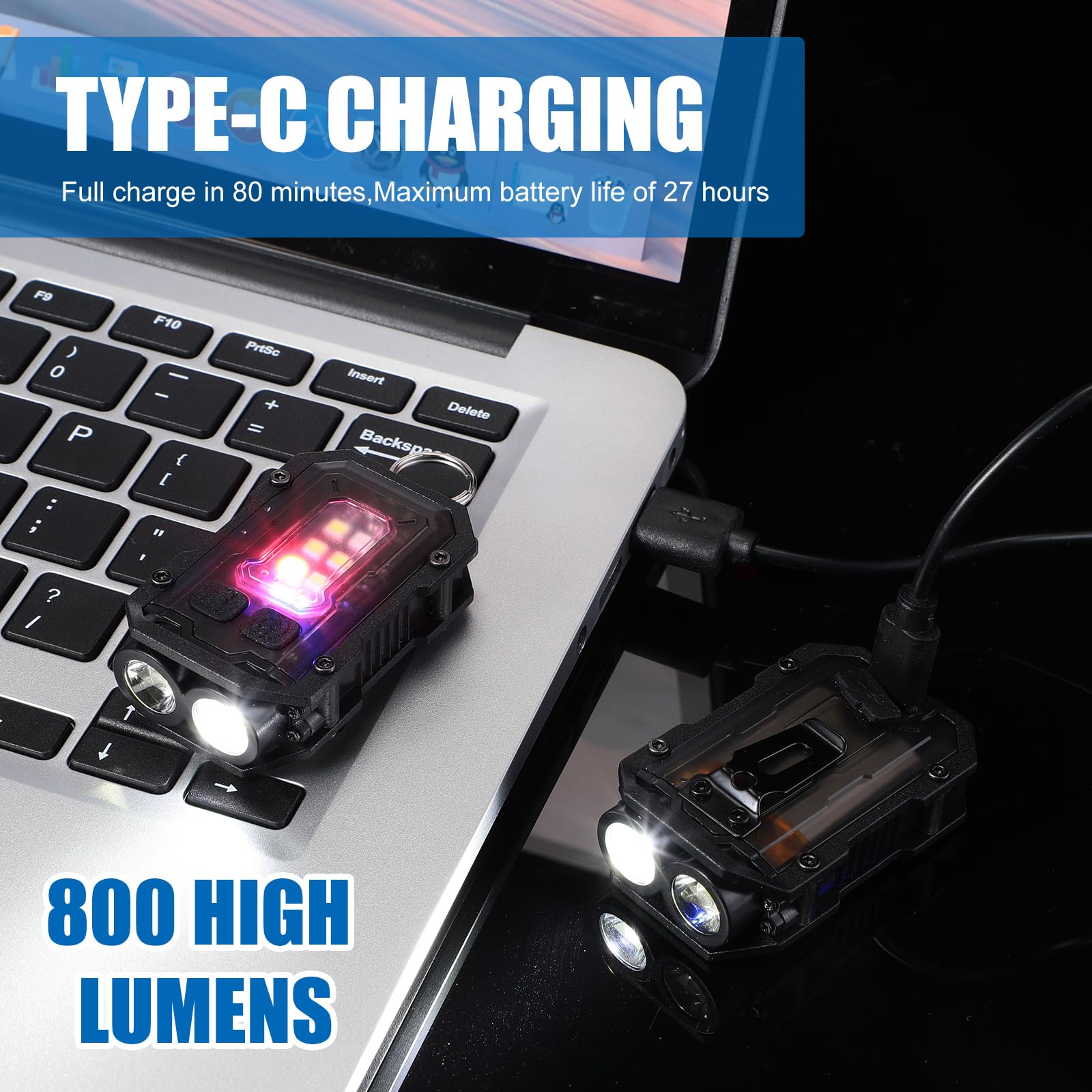Rossesay 3 Pcs Mini Edc Flashlight Rechargeable Small Keychain Flashlight With White Red Blue Light, 800 High Lumens Pocket Usb C Led Cob Portable Flash Lights With Clip And Magnet, 8 Modes