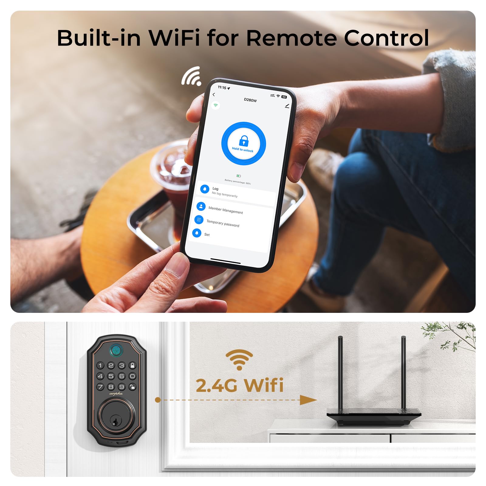 Arpha Fingerprint Smart Door Lock - Keyless Entry Door Lock, Built-In Wifi Deadbolt With Keypad, App Remote Control, Easy Installation