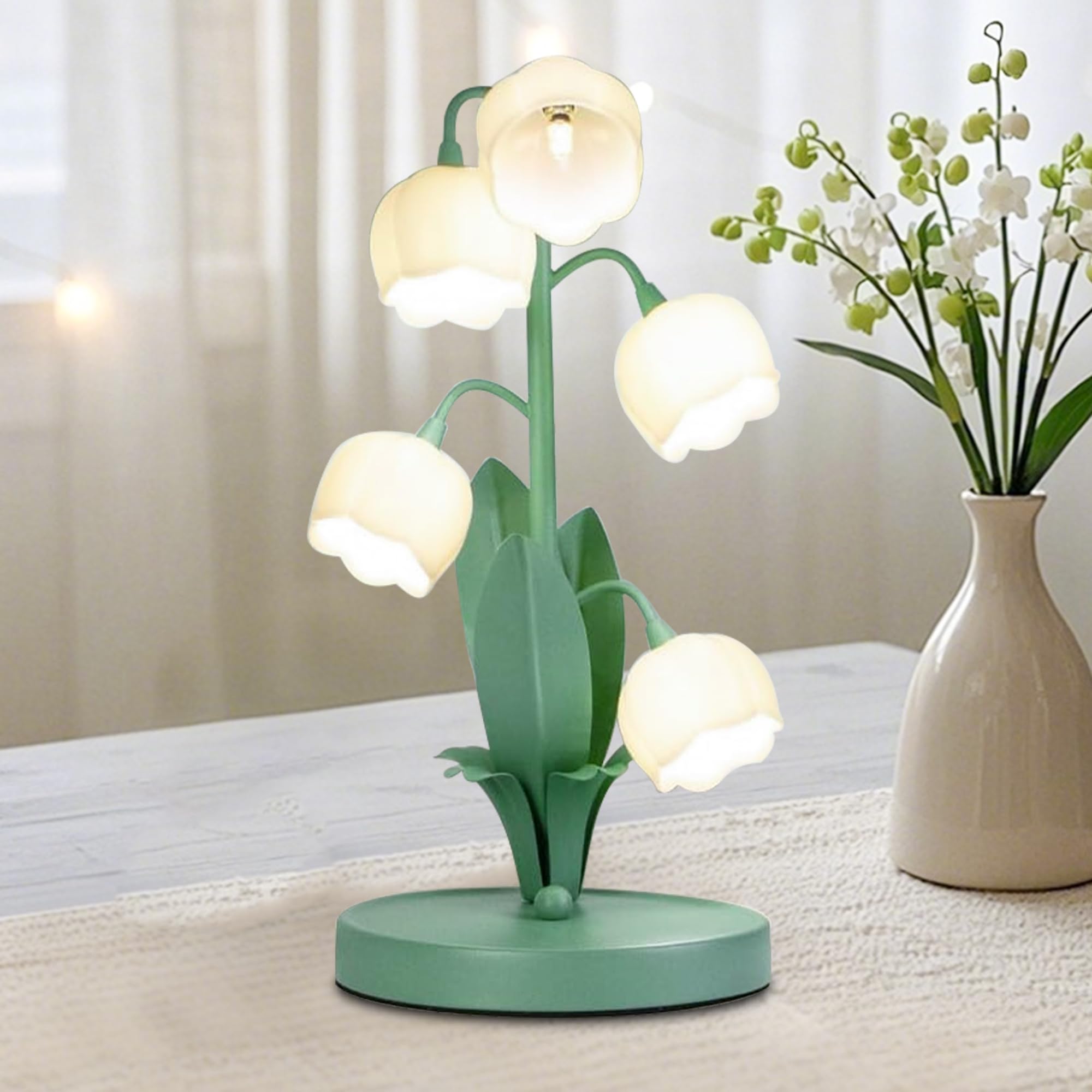 Aqdzcnf Flower Table Lamp,Green Led Floral Vintage Desk Lamp,5 Lily Of The Valley Bedside Lights,3 Color Modes Reading Light For Living Room,Bedroom Room Lighting,Office,Home Decoration