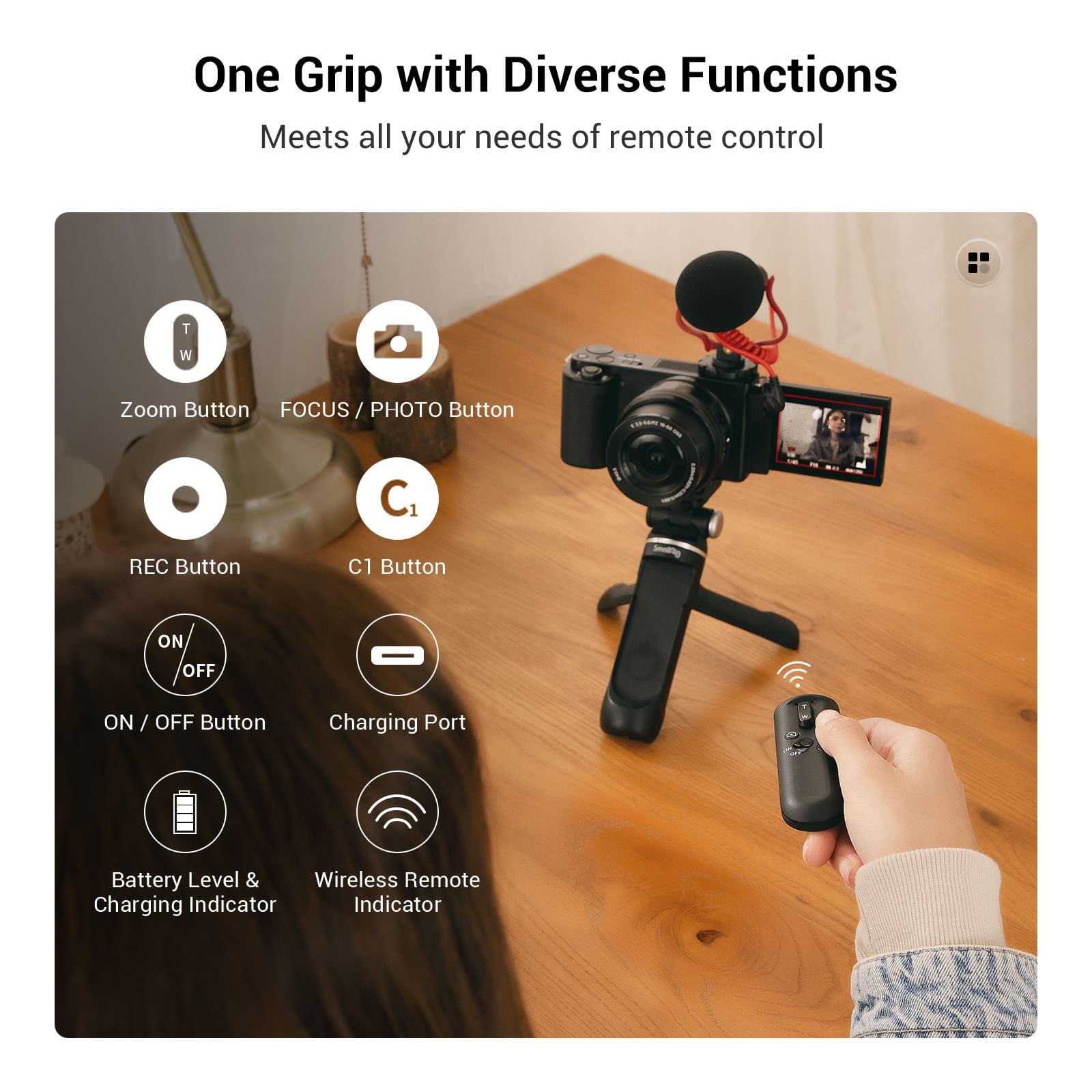 Smallrig Sr-Rg1 Extendable Remote Wireless Camera Shooting Grip, Vlog Tripod Selfie Stick For Sony A6700, Zv-E10, Zv-E1, Zv-1 Ii, Rx100 Vii, A6600, A6400, For Canon M50, G7X, Photo/Video/Zoom - 3326