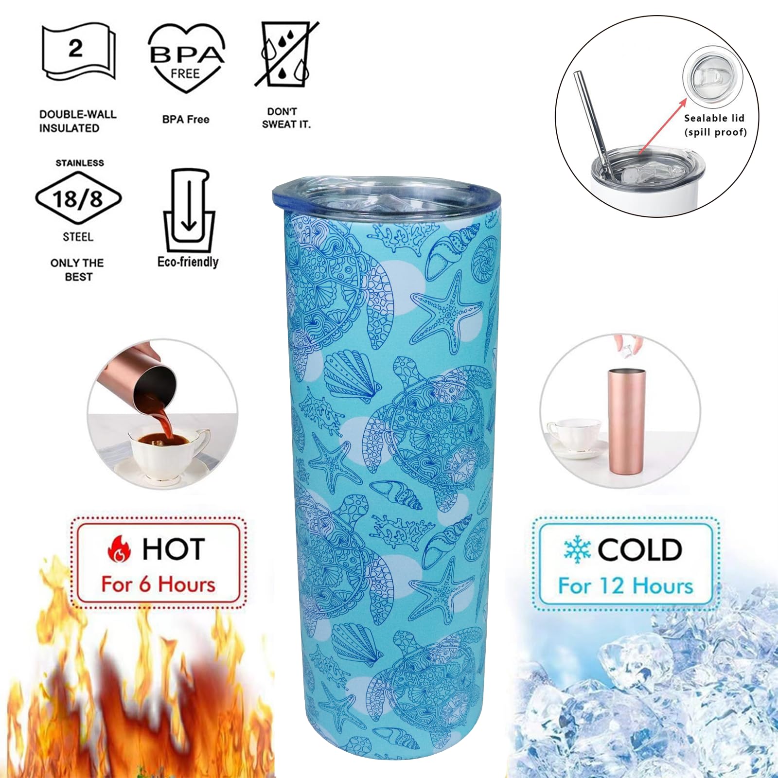 Sea Turtle Tumbler With Lid And Straw 20 Oz Insulated Sea Turtle Skinny Tumbler Stainless Steel
