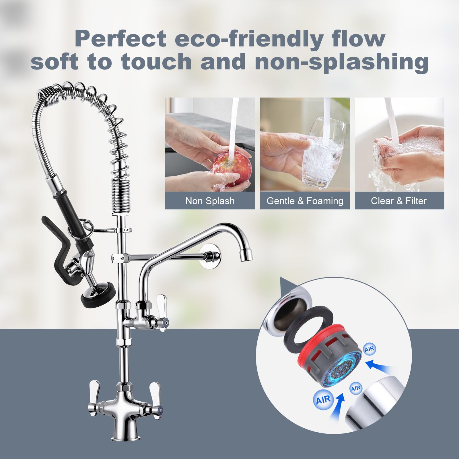 Iviga Single Hole 27" Height Commercial Kitchen Faucet Deck Mount With Pre-Rinse Sprayer, Commercial Sink Faucet With 10" Add-On Swing Spout & Spring Pull Down Sprayer For Restaurant Hotel