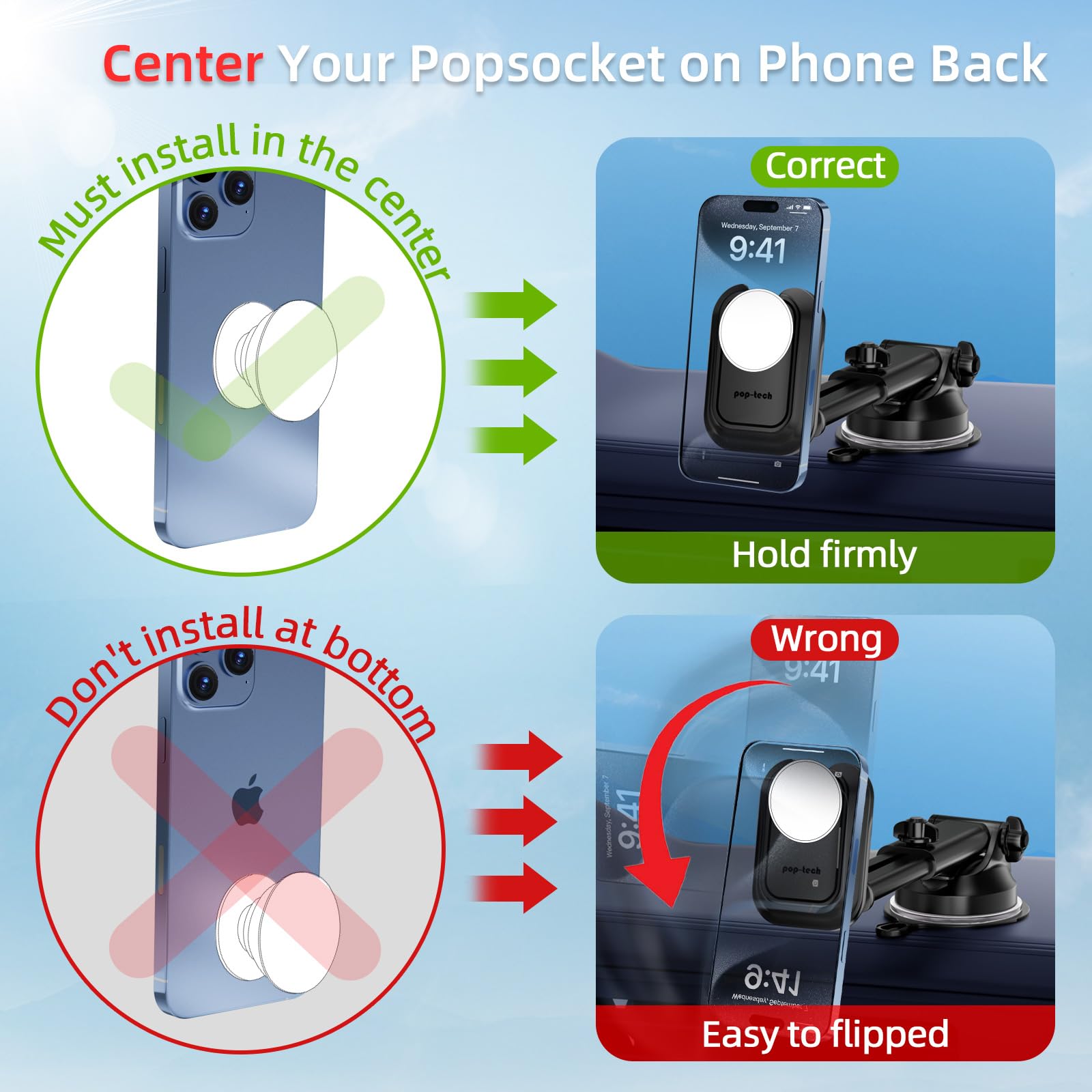 Pop-Tech Car Phone Mount For Pop Socket: Suction Cup Cell Phone Holders For Automobile Dashboard Windshield Window - Dash Mounted Cellphone Stand Black Fits Thick Socket Wallet Grip For Iphone Samsung