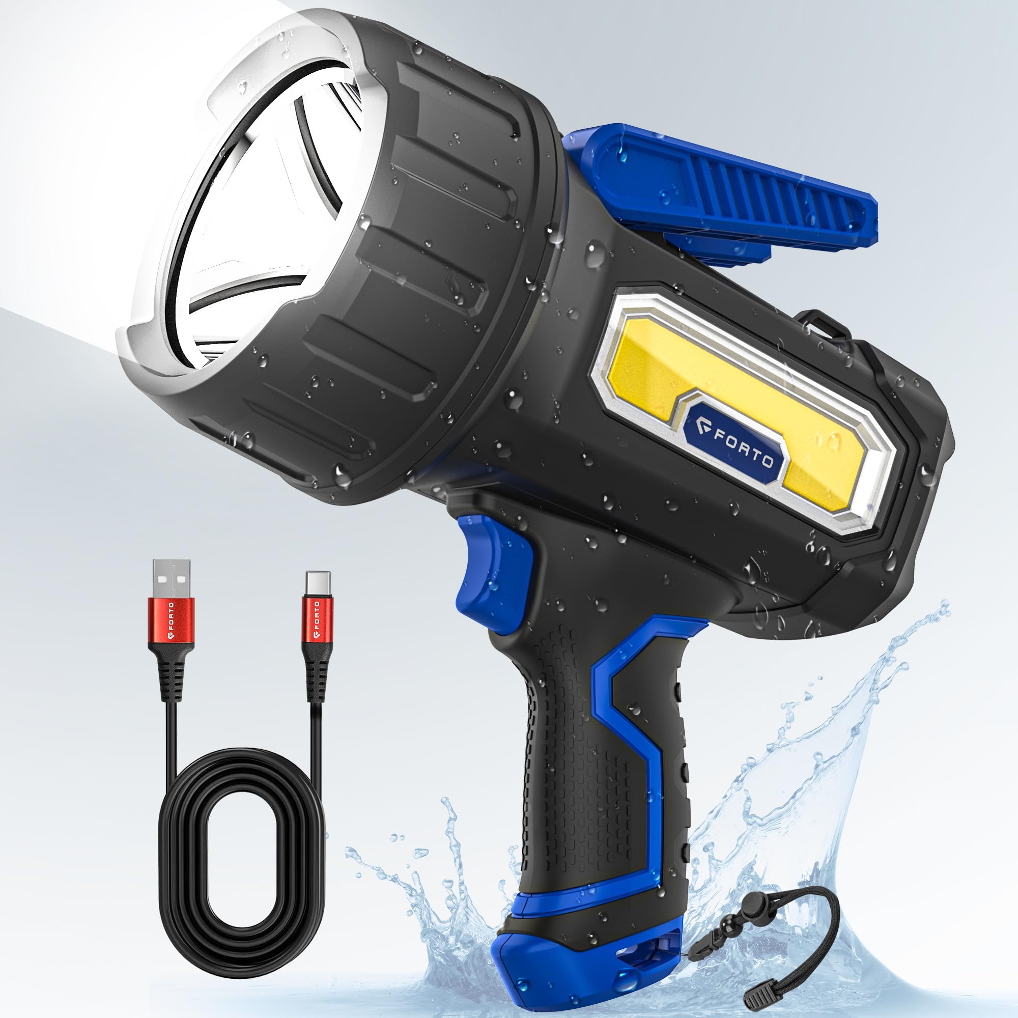 Forto Rechargeable Spotlight Flashlight With 2000 Lumens, Handheld Spotlight With Foldable Stand, 6 Light Modes Ipx7 Waterproof Led Spot Lights Outdoor For Boating Hunting Hiking(Blue)