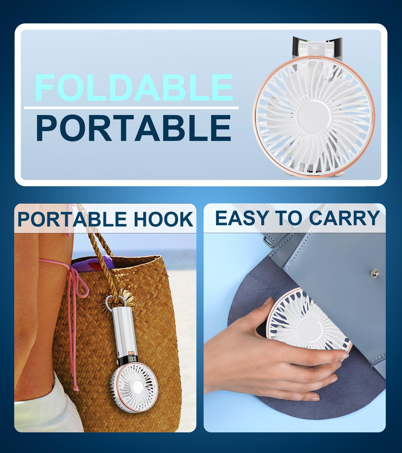 Beyyon portable fan with metal handle, 6 speeds, 5200mAh battery, and 180° adjustable for personalized cooling