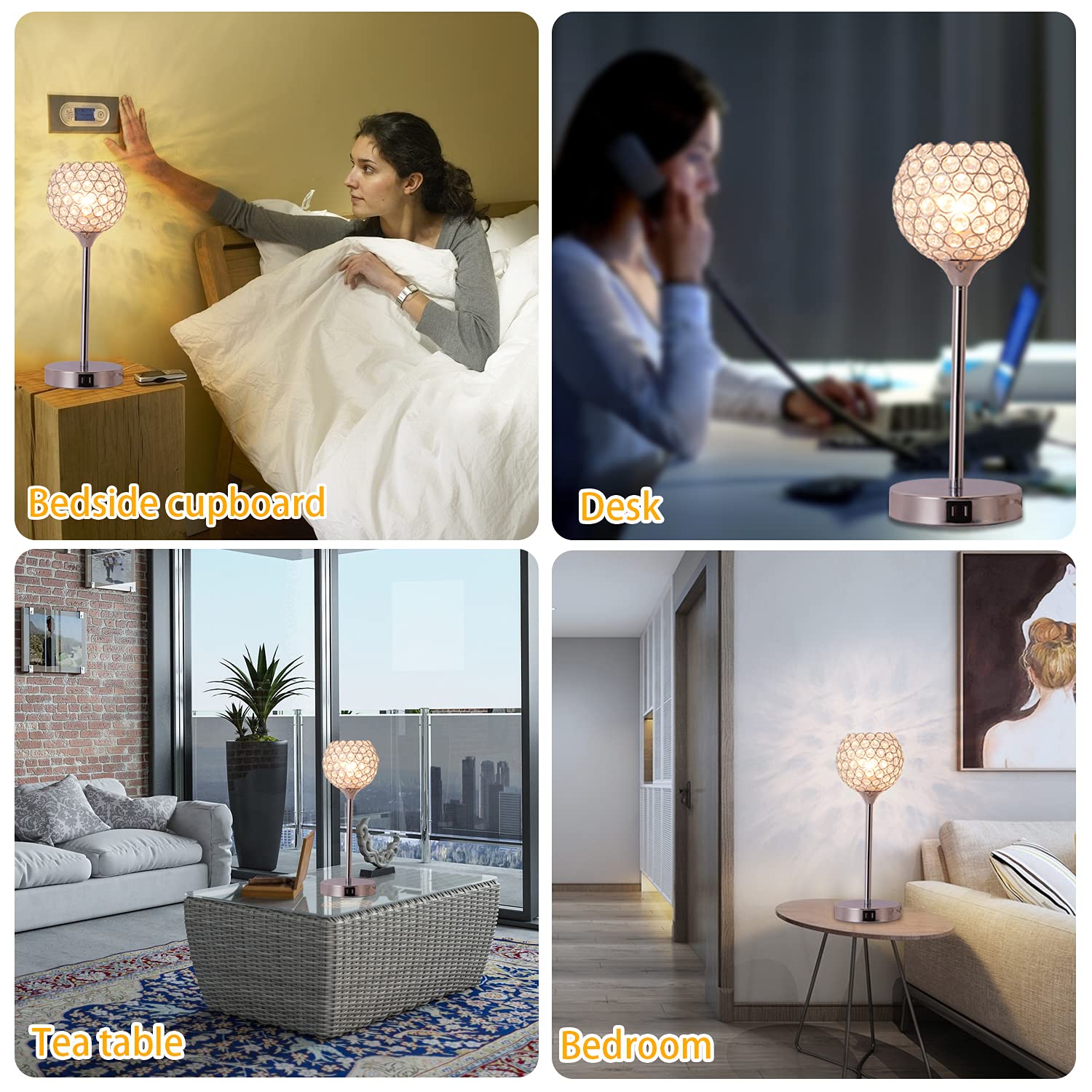 Defloorlight Crystal Touch Control Table Lamp, 3-Way Dimmable Modern Bedside Lamp With 2 Usb Charging Port Nightstand Desk Lamp With Elegant Lamp Shade For Bedroom, Living Room Hotel, Reading, Bulbs Included