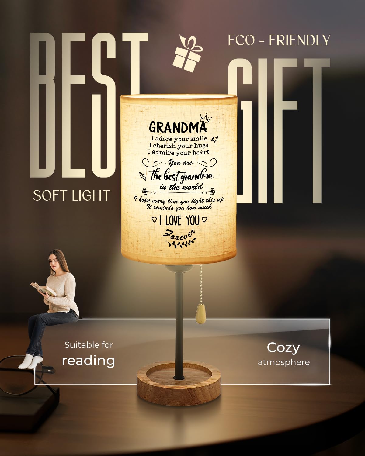 Calibron Grandma From Grandkids Linen Fabric Wooden Table Lamp,Grandma Birthday Bedroom Night,Birthday For Grandma Nightstand Lamp, Great Grandmother