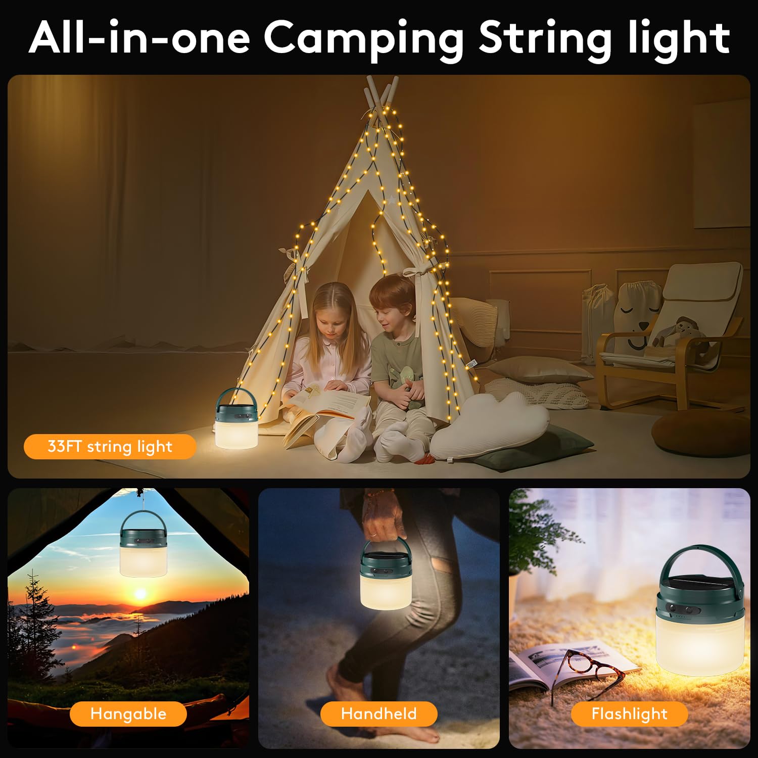 Wetpuorek Outdoor String Lights, 33Ft Rechargeable Waterproof Hanging Lights, Solar Or Usb Rechargeable, For Camping, Garden, Party & Holiday Decoration (Green)