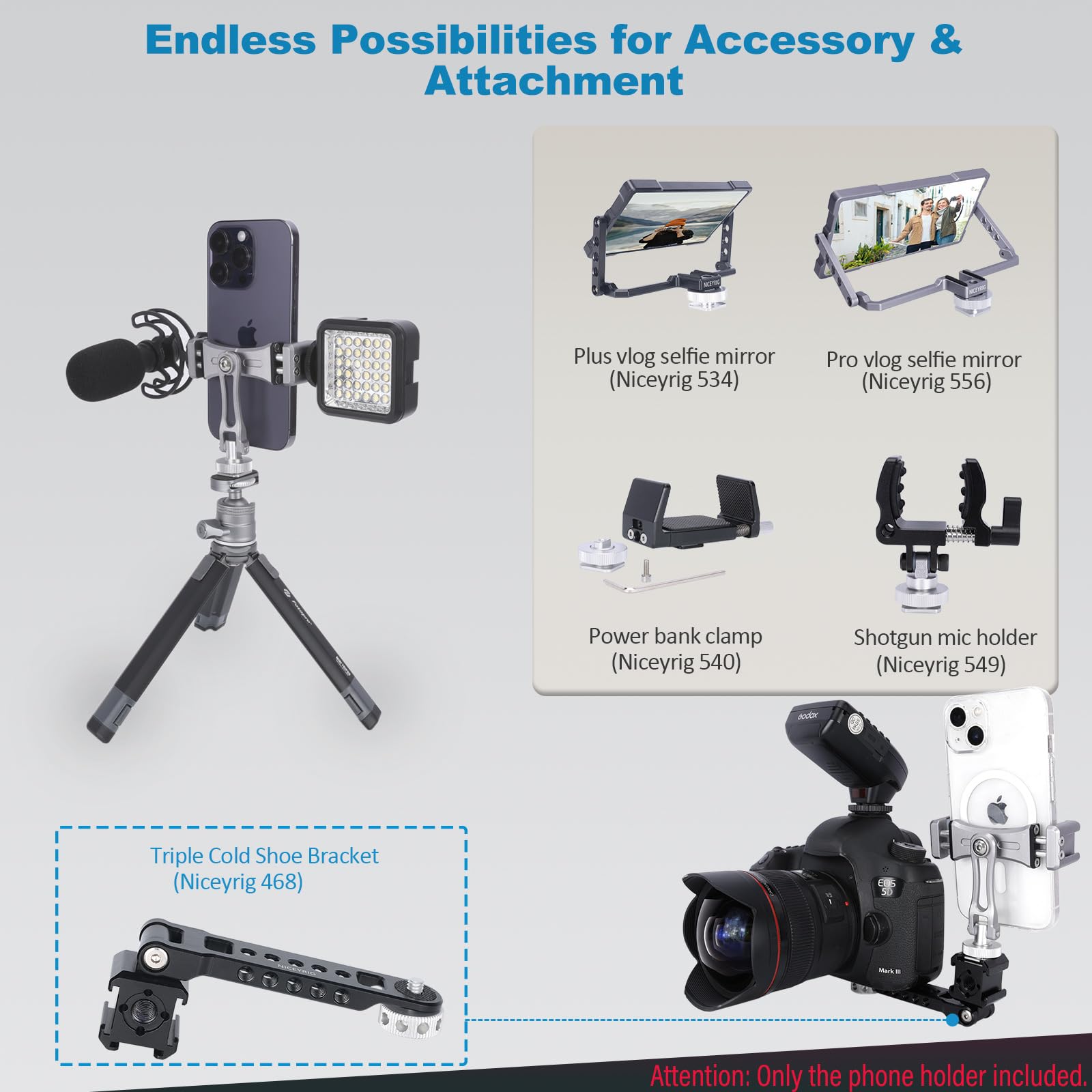 Niceyrig Aluminum Camera/Tripod Mount Phone Holder For Iphone 15/14/13/12 Pro 6.1'', Pro Max 6.7’’, Video Recording Vlog Lives Photography Support Stable Clamp - 576