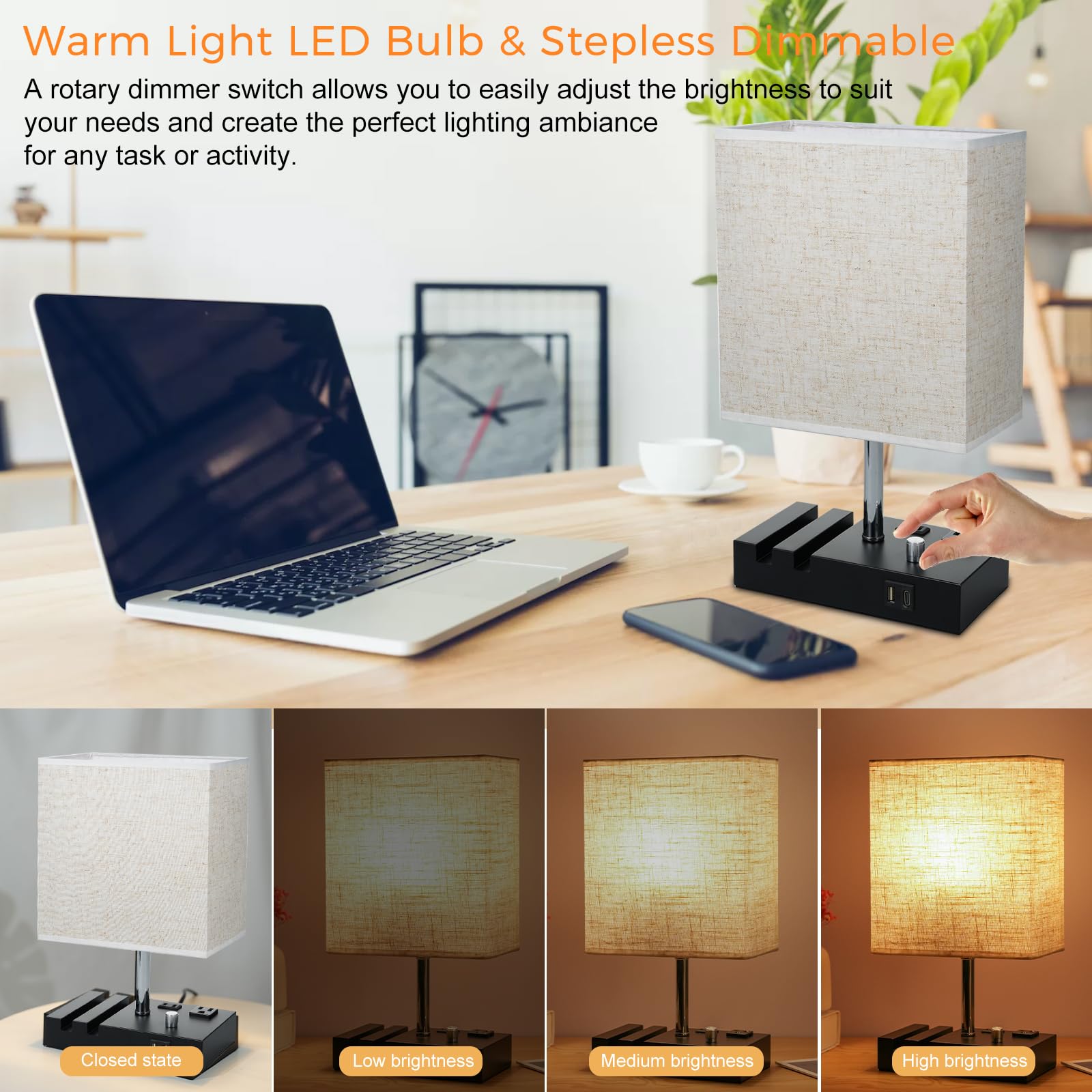 Lixada Nightstand Lamp For Bedroom With Usb A + C Ports, Small Bedside Table Lamp With Charging Outlets And Phone Stands, 3 Color Temperatures Night Stand Light With Bulb For Living Room