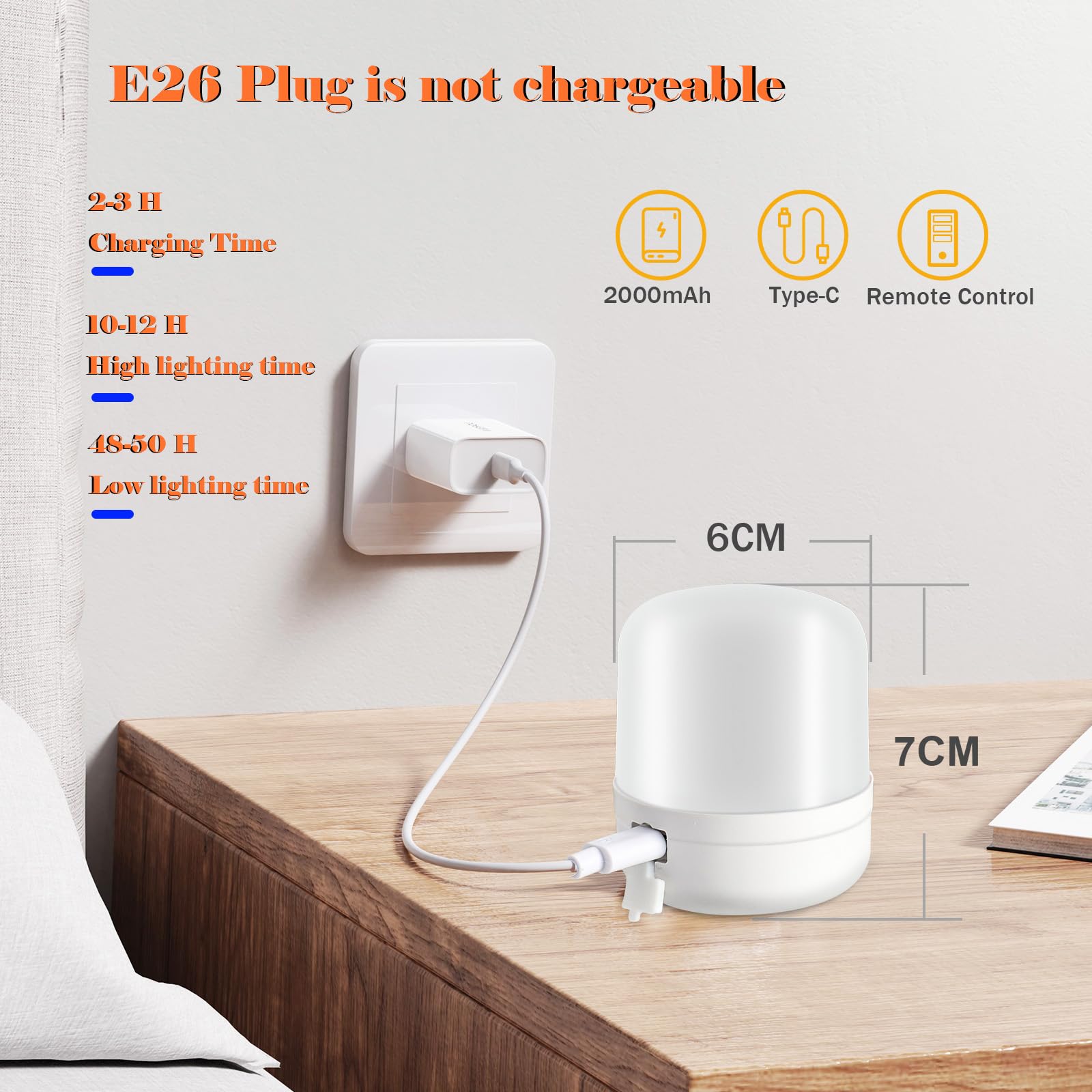 Nowlaby Wireless Bedside Table Lamp With 2Pcs E26 Rechargeable Battery Bulb, Remote Control, Dimmable, Timer, Cylindrical Light For Living Room, Bedrooms, Reading, Night Lighting
