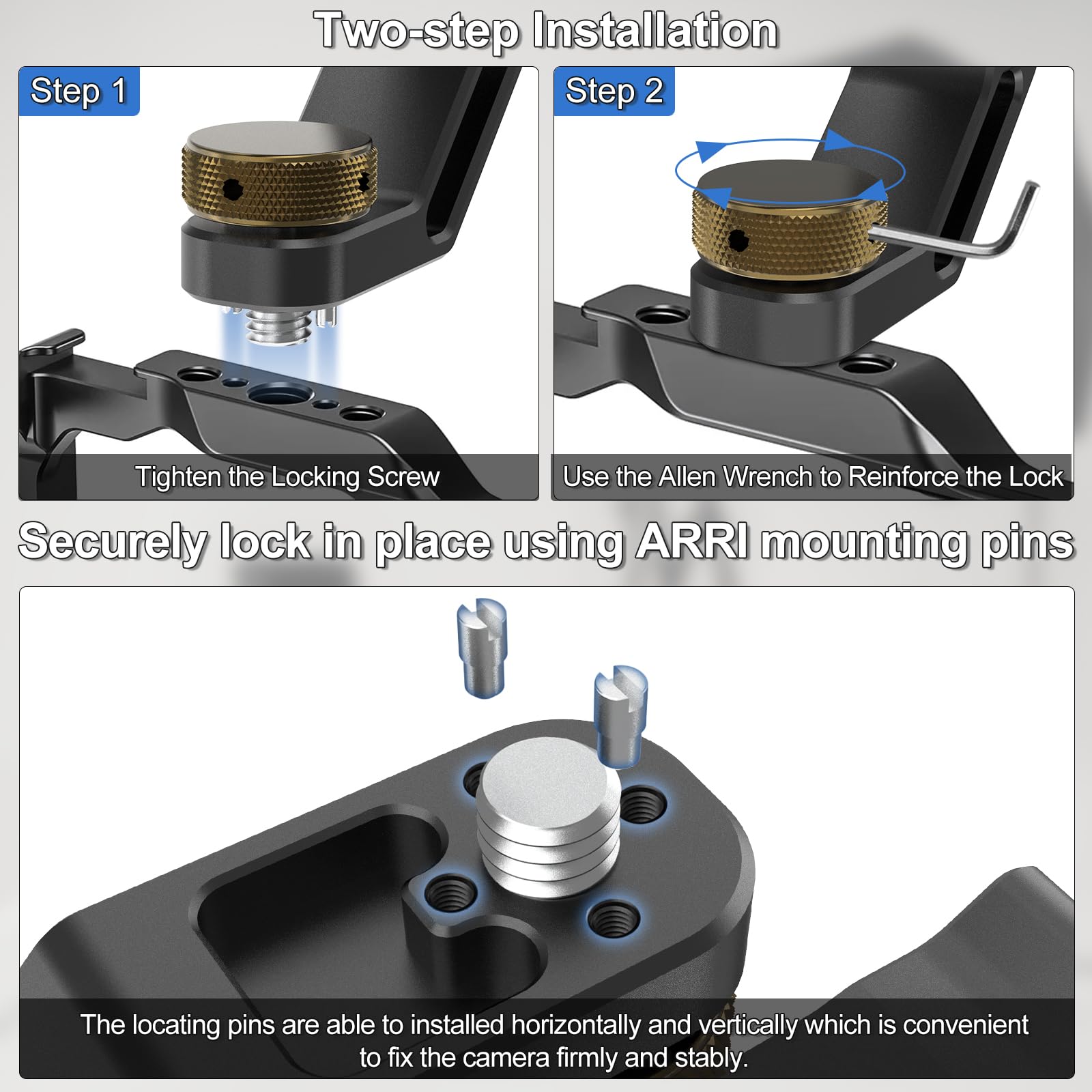 Minifocus Top Handle With 3/8"-16 Locating Pins, Universal Camera Handgrip With 5 Cold Shoe Mount For Microphone, Led Light, Monitor, 1/4", 3/8" Threaded Holes With Locating Pins For Arri Grip