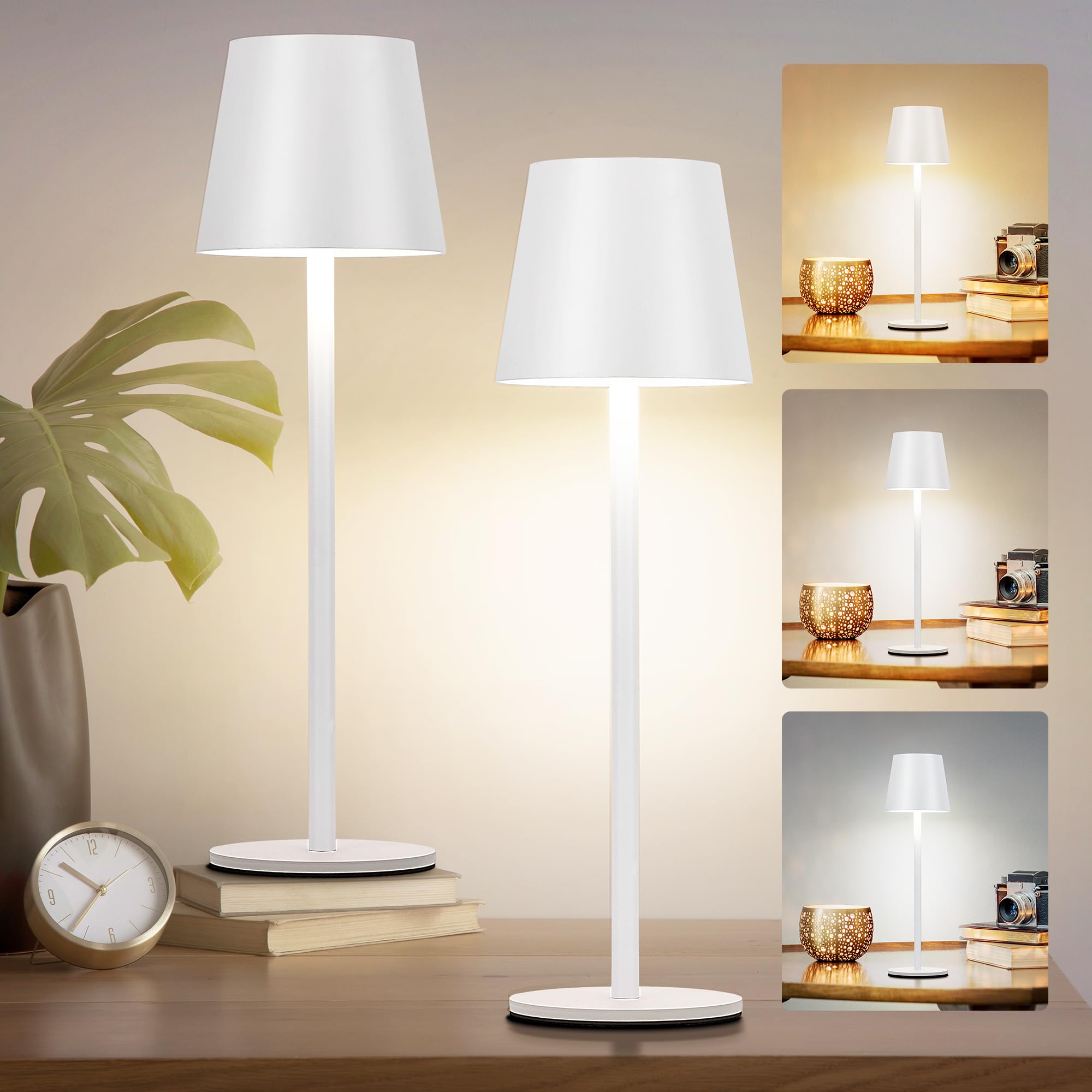 Faithorse 2Pack Cordless Table Lamp, 5200Mah Ip54 Waterproof Rechargeable Battery Desk Lamp, 3 Color Stepless Dimming Up, Battery Operated Lamp For Kitchen/Bedside/Outdoor/Restaurant (White)