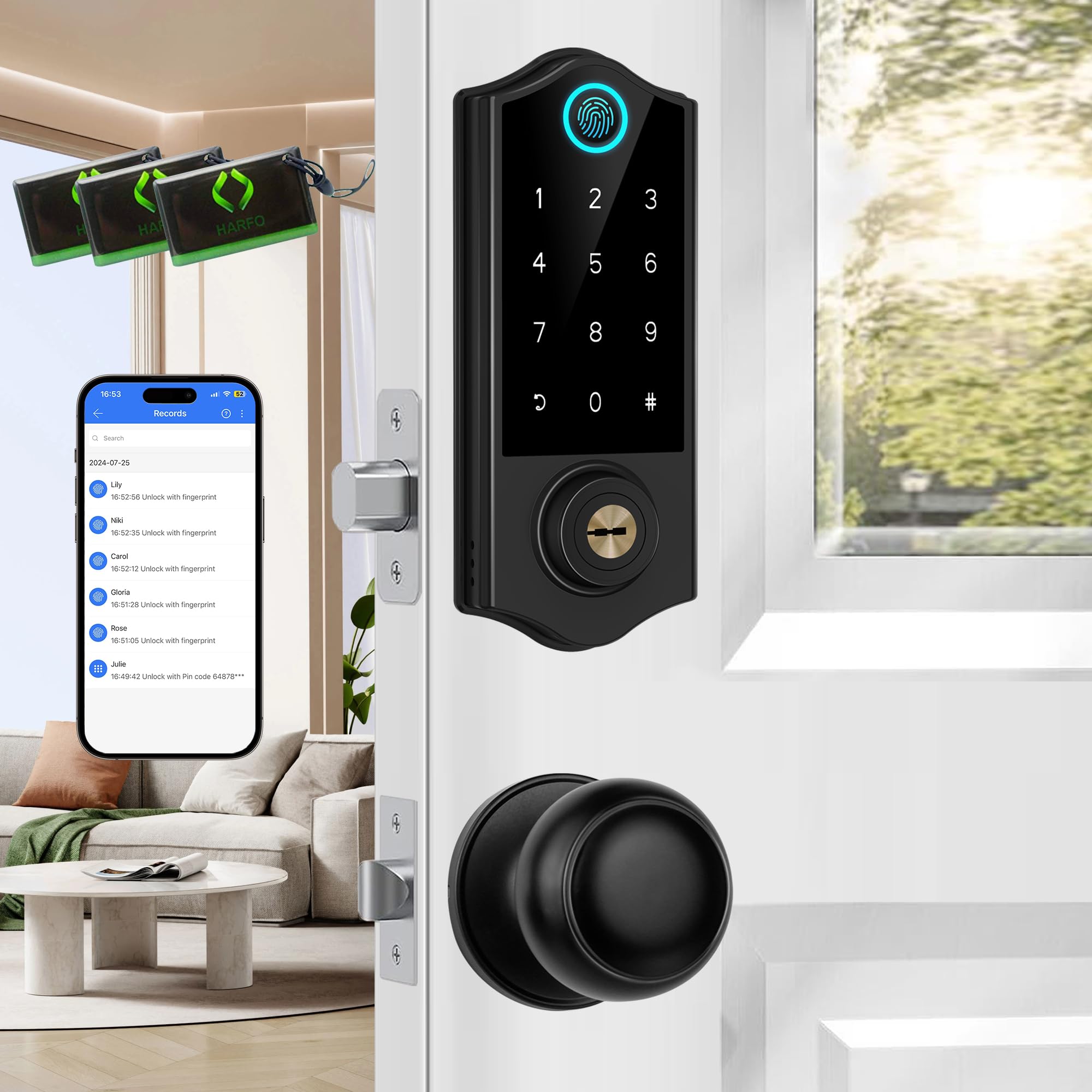 Harfo Fingerprint Smart Door Locks For Front Door With Handle Set, App Control, Keyless Entry Door Lock Keypad Deadbolt, Bluetooth Digital Electronic Touchscreen, Easy Install, Auto Lock, Black