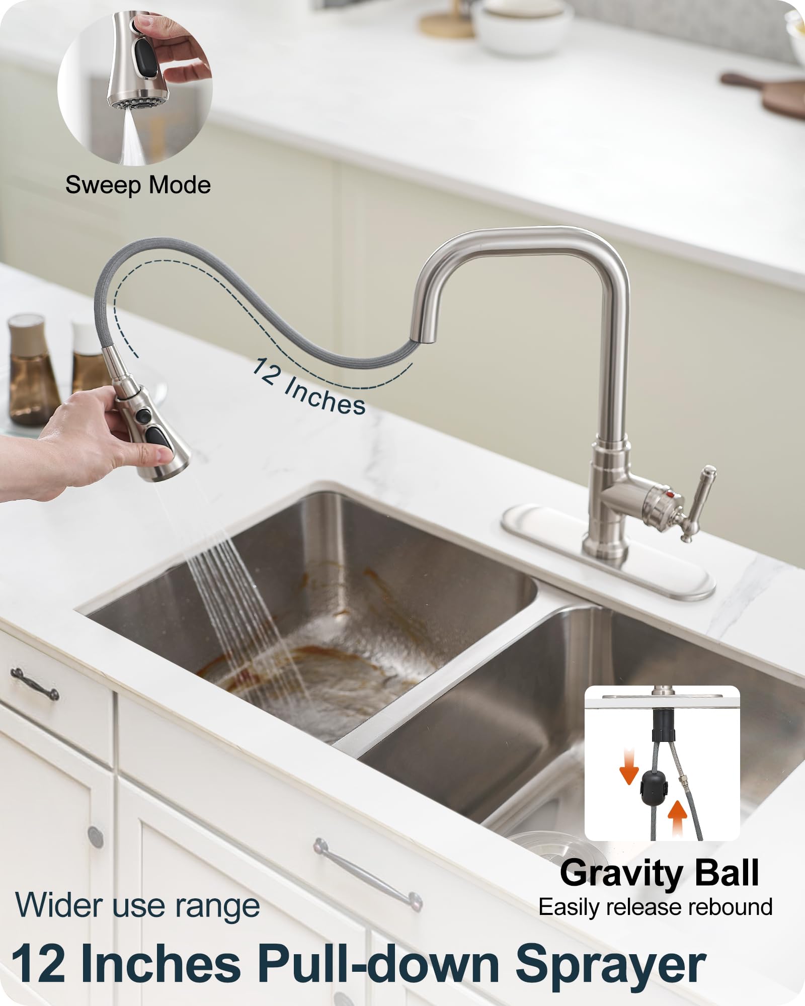 Heymytap Brushed Nickel Kitchen Faucet With Sprayer, 3 Modes Pull Down Kitchen Sink Faucets, 304 Stainless Steel Suit 3 Hole Or 1 Hole With Deck Plate & Pipes