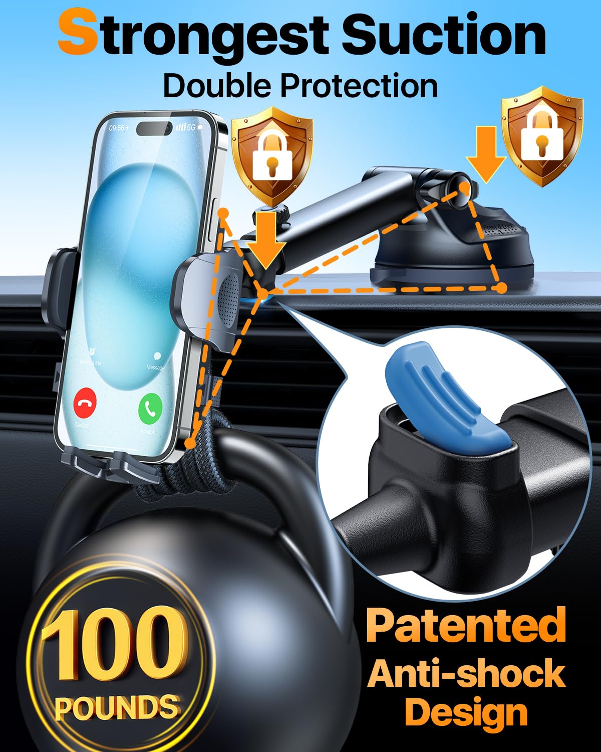 Htu  Best Car Phone Holder【Ultimate 5-In-1 &  100+Lbs Strongest Suction】【True Military-Grade & Safety Cert】 Windshield Phone Mount, Truck Dashboard Vent Stand For Iphone Android, Blue