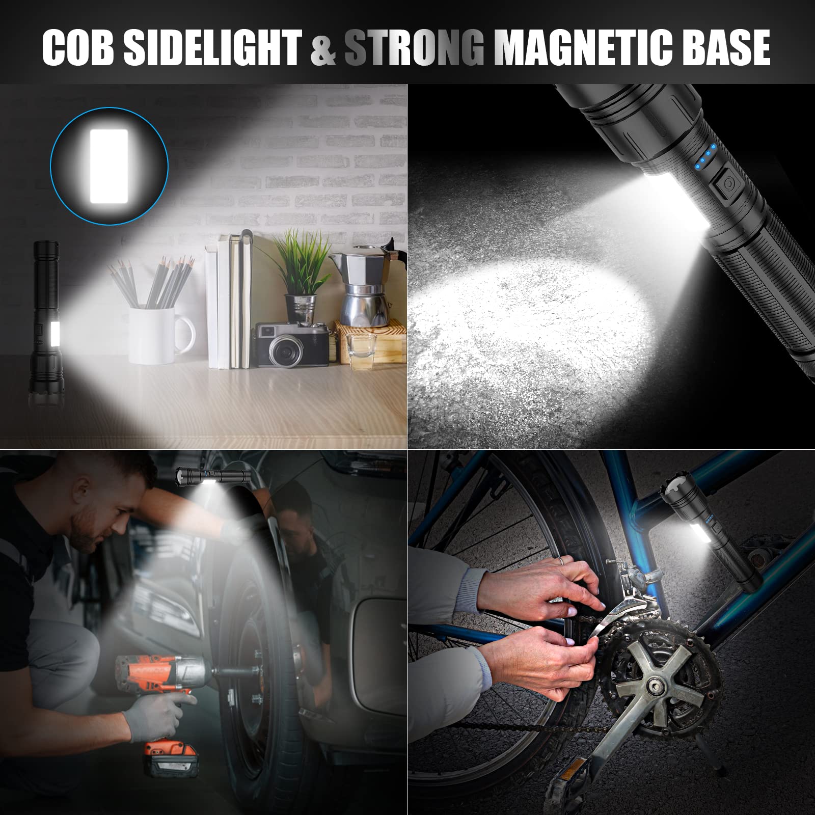 Morezra Magnetic Flashlight Rechargeable 10000 High Lumens, Super Bright Magnetic Base Led Pocket Flash Light With Cob Light, Type-C, 7 Modes, Zoomable, Ipx6 Waterproof Best Tactical Flashlights For Camping