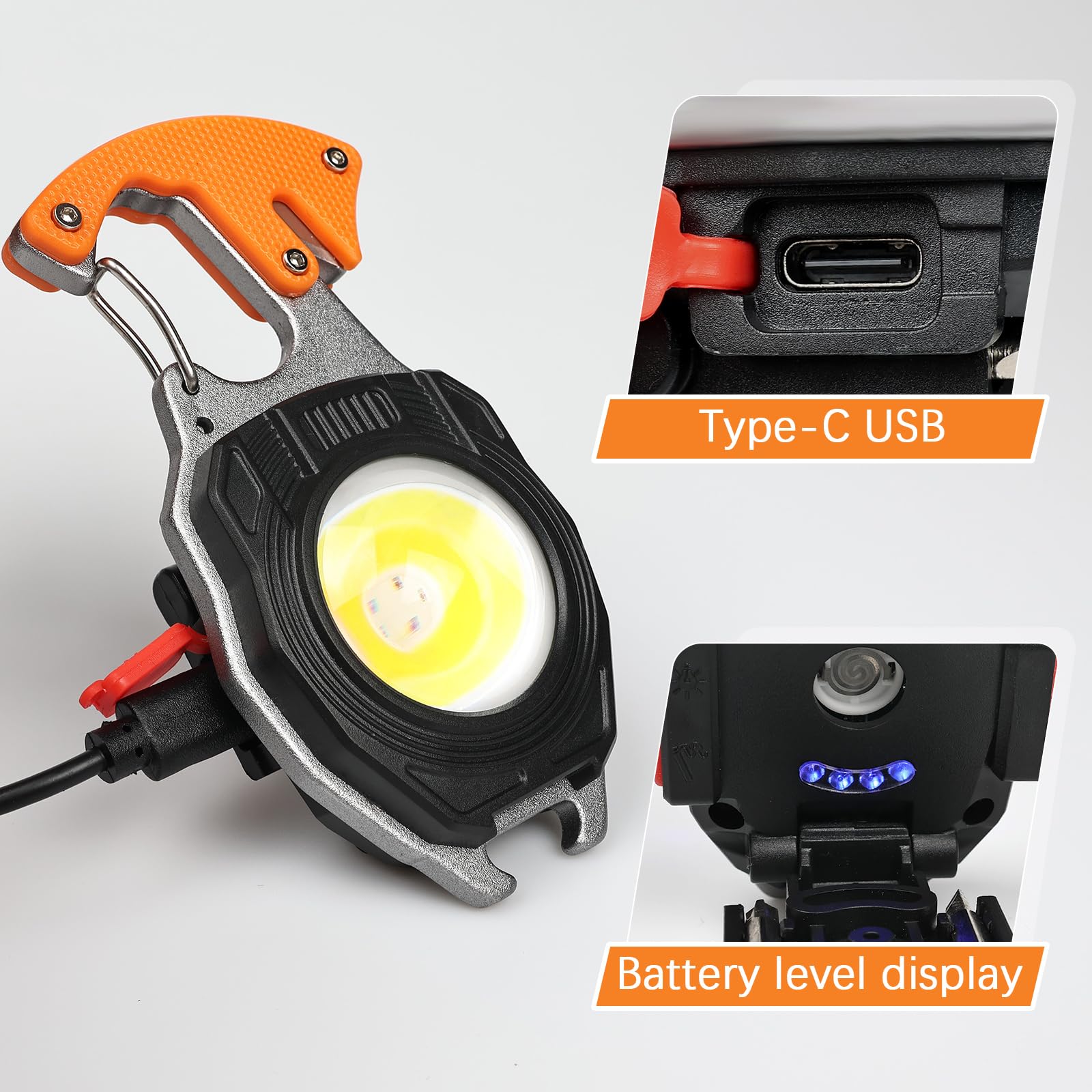 Makdak Keychain Flashlight - 2Pc Arabiner Flashlight Tool Cob Keychain Work Light 7 Light Modes 1600Lumen Flashlights For Emergencies Small Led Flashlight Usb Light Work Light Orange And Blue