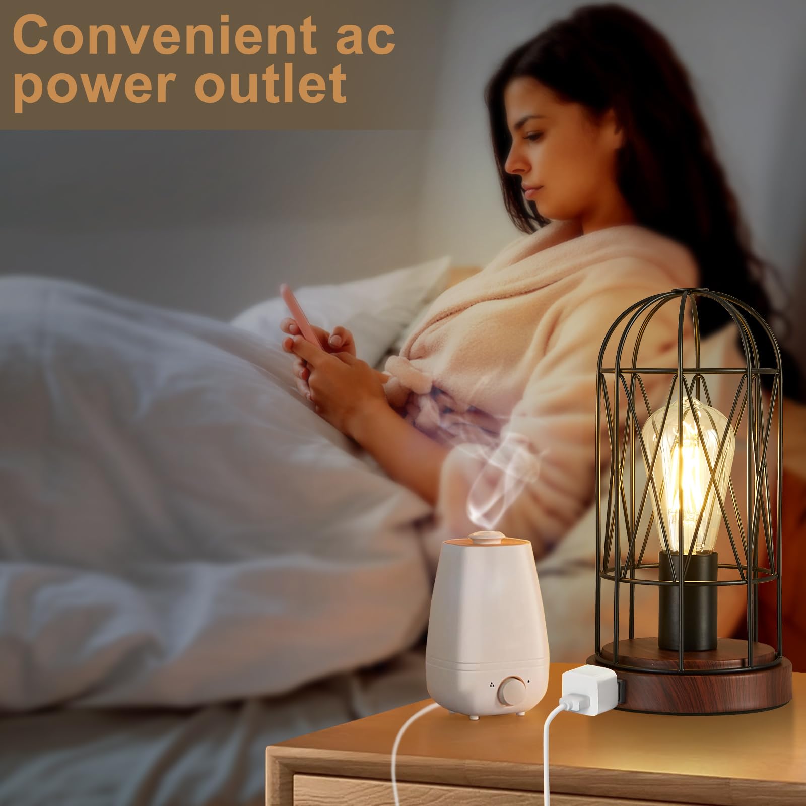 Gyrovu Industrial Table Lamp, Small Touch Control Edison Desk Lamp 3 Way Dimmable Vintage Bedside Lamp With Ac Outlet Metal Cage Steampunk Nightstand Lamp For Living Room, Bedroom Or Den