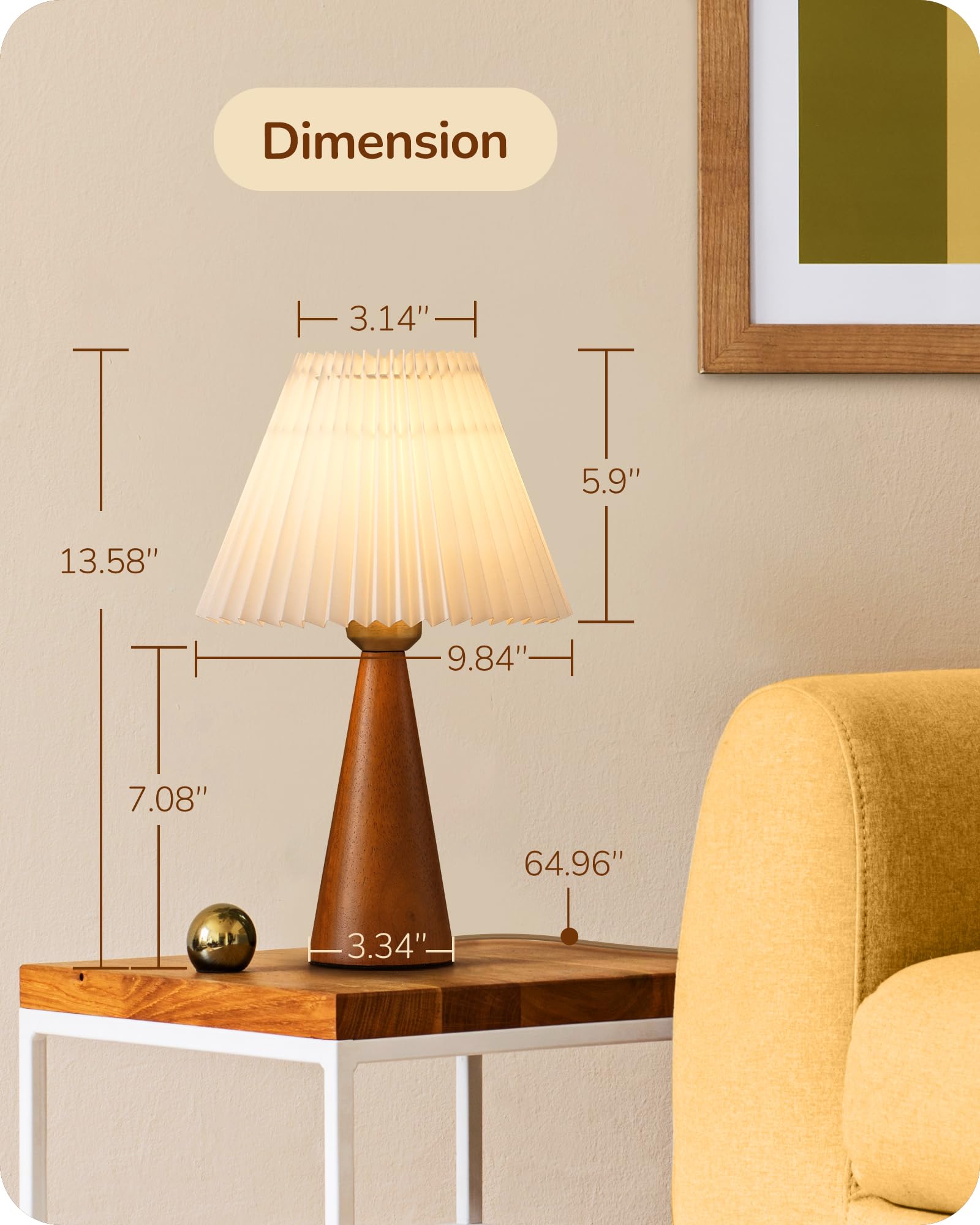 Edishine 13.58" Small Table Lamp, Wooden Base Nightstand Lamp, White Pleated Lampshade, Space-Saving Modern Bedside Lamp For Nursery Kids Room Bedroom Living Room, E26, On-Off Button, Dark Rosewood