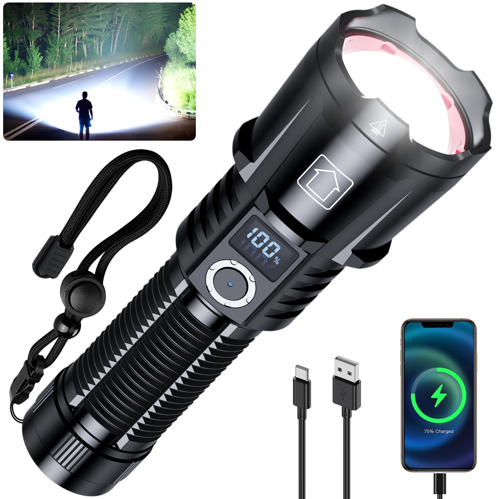 Baibian Rechargeable Flashlights 1200000 High Lumens, Super Bright Flashlight High Powered Utility Flashlight, 5 Modes With Lcd Power Display, Zoomable, Waterproof Handheld Flash Light For Emergency Home