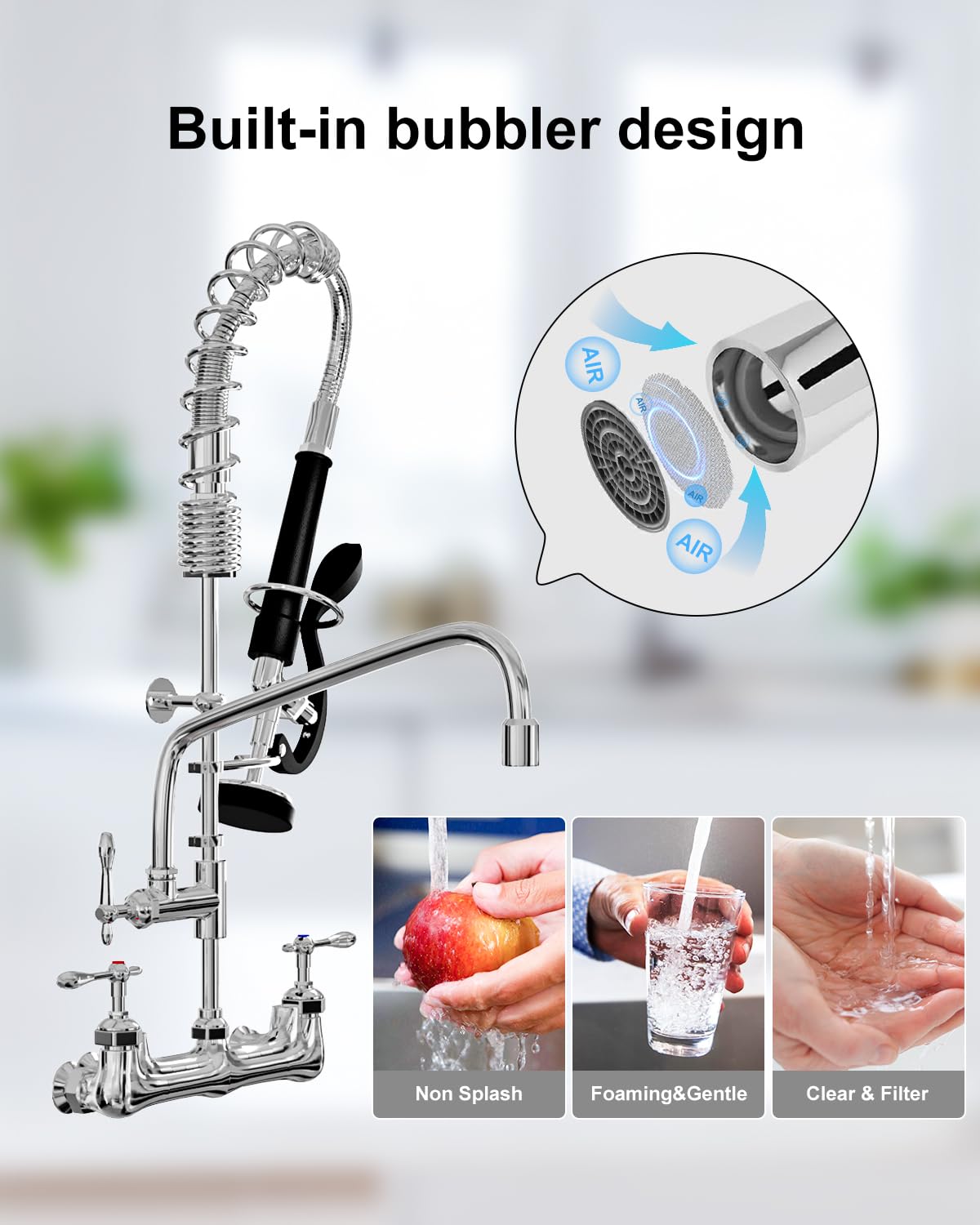 Qanbain Commercial Sink Faucet,Commercial Faucet With Sprayer Adjustable Center Wall Mounted Restaurant Faucets,12" Spout Andpull-Down Pre-Rinse 25” Height Suitable For 1, 2 Or 3 Sinks