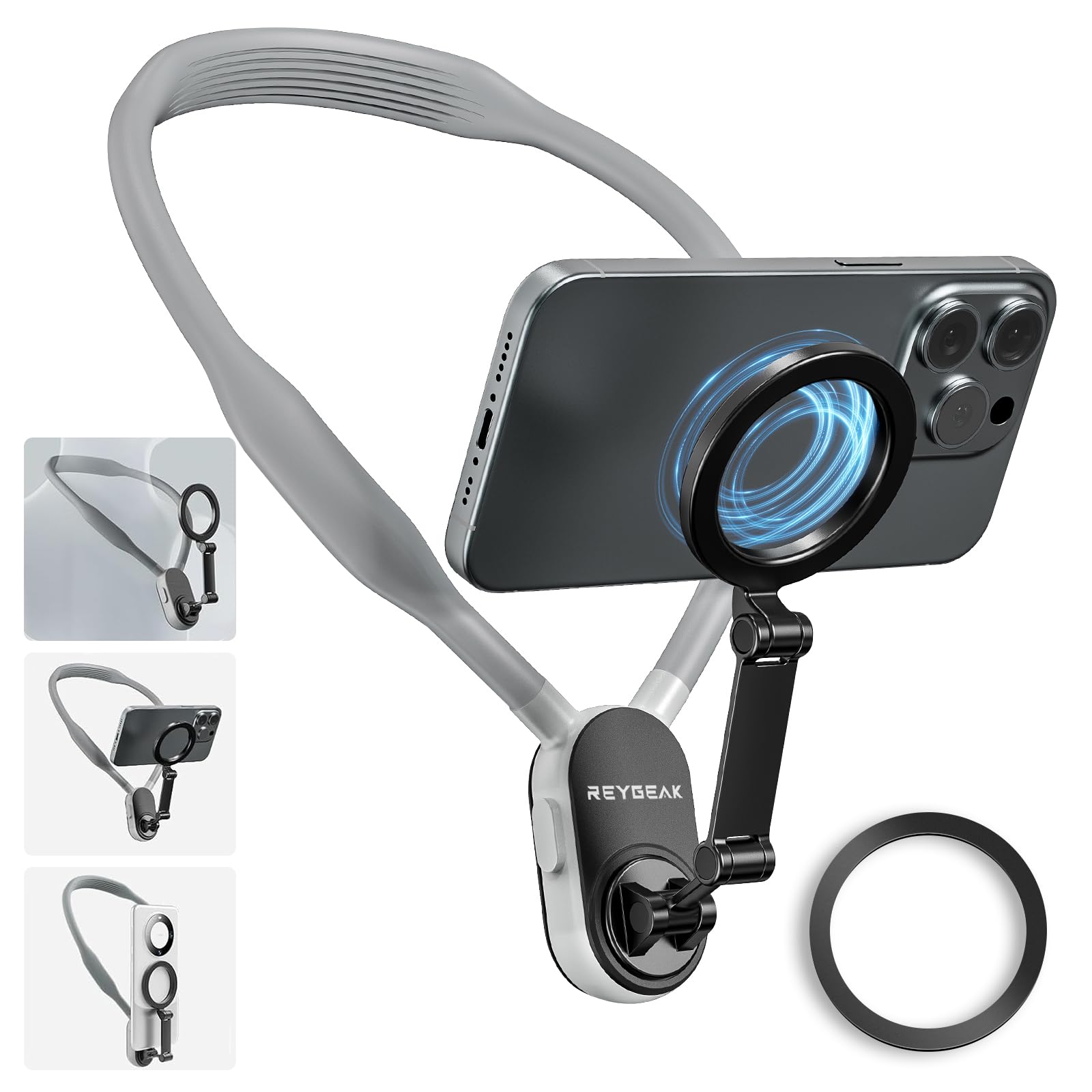 Reygeak Magnetic Neck Phone Mount,  Pov/Vlog Phone Holder For Magsafe Iphone 16/15/14/13/12 Pro Mini/Plus/Pro/Pro Max,Hand  Chest Stand Video Recording For Android Phone Accessory(Grey)