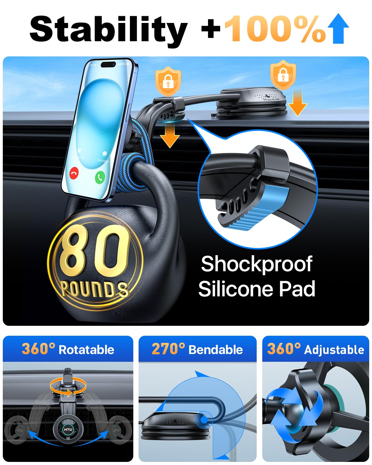 Htu   For Magsafe Car Mount 【Strongest Magnet & Suction】 5-In-1 Bendable Dashboard Windshield Vent Vacuum Magnetic Phone Holder For Iphone 16 15【Patent & Safety Cert】, Non-Charging, Blue