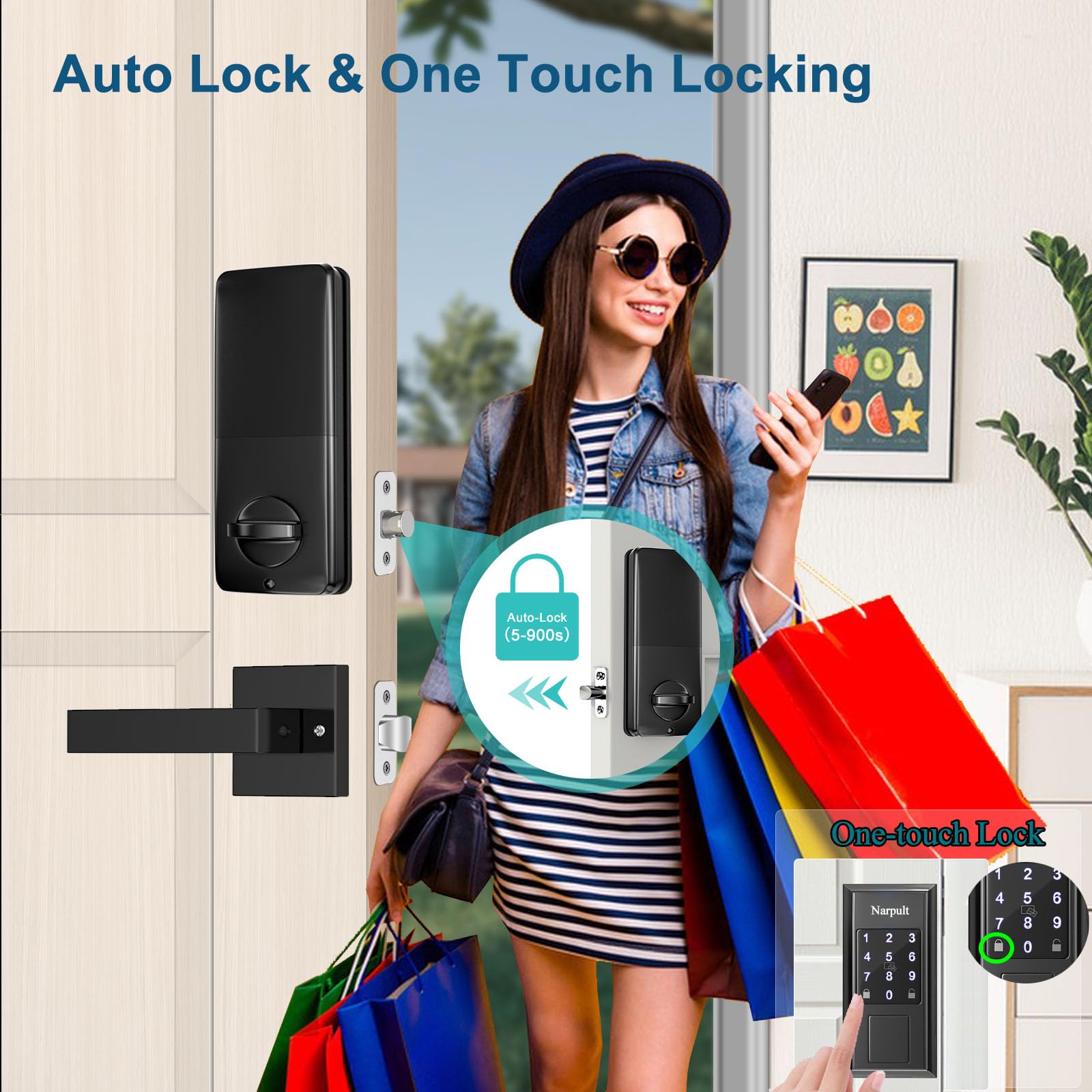 Narpult Keyless Entry Door Lock With Handle, Front Door Lock Set, Smart Lock With Handle Set, App Control Smart Deadbolt Door Locks, Matte Black