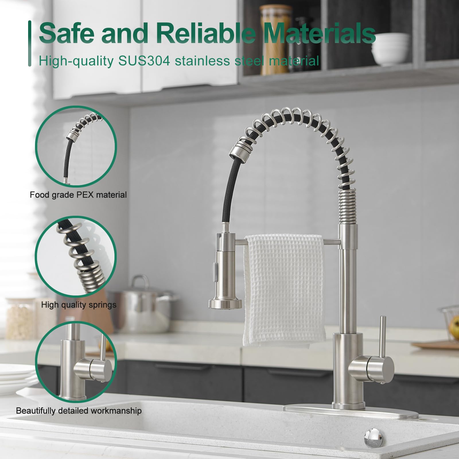 Voton Kitchen Faucets With Pull Down Sprayer, Modern Brushed Nickel High Arc Spring Farmhouse Sink Faucet With Dual Function Sprayer Faucet For Bar Rv Kitchen Laundry Utility