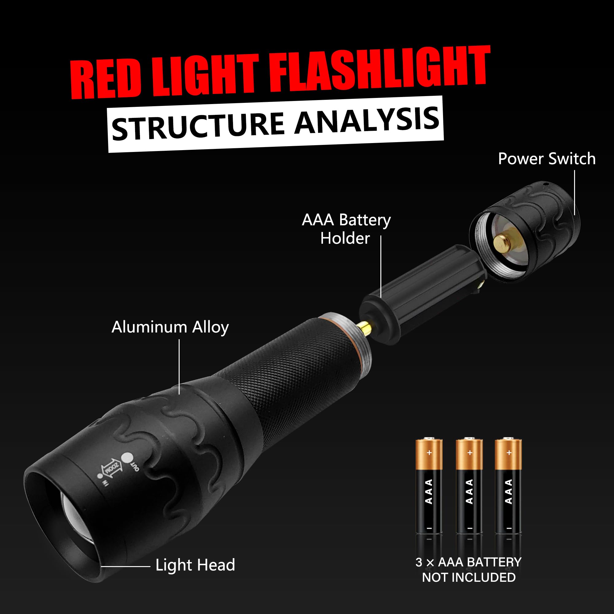 Fadomall Red Light Led Flashlight 660Nm - 670Nm, Single Mode, Zoomable Flashlights For Hunting, Night Observation, Astronomy