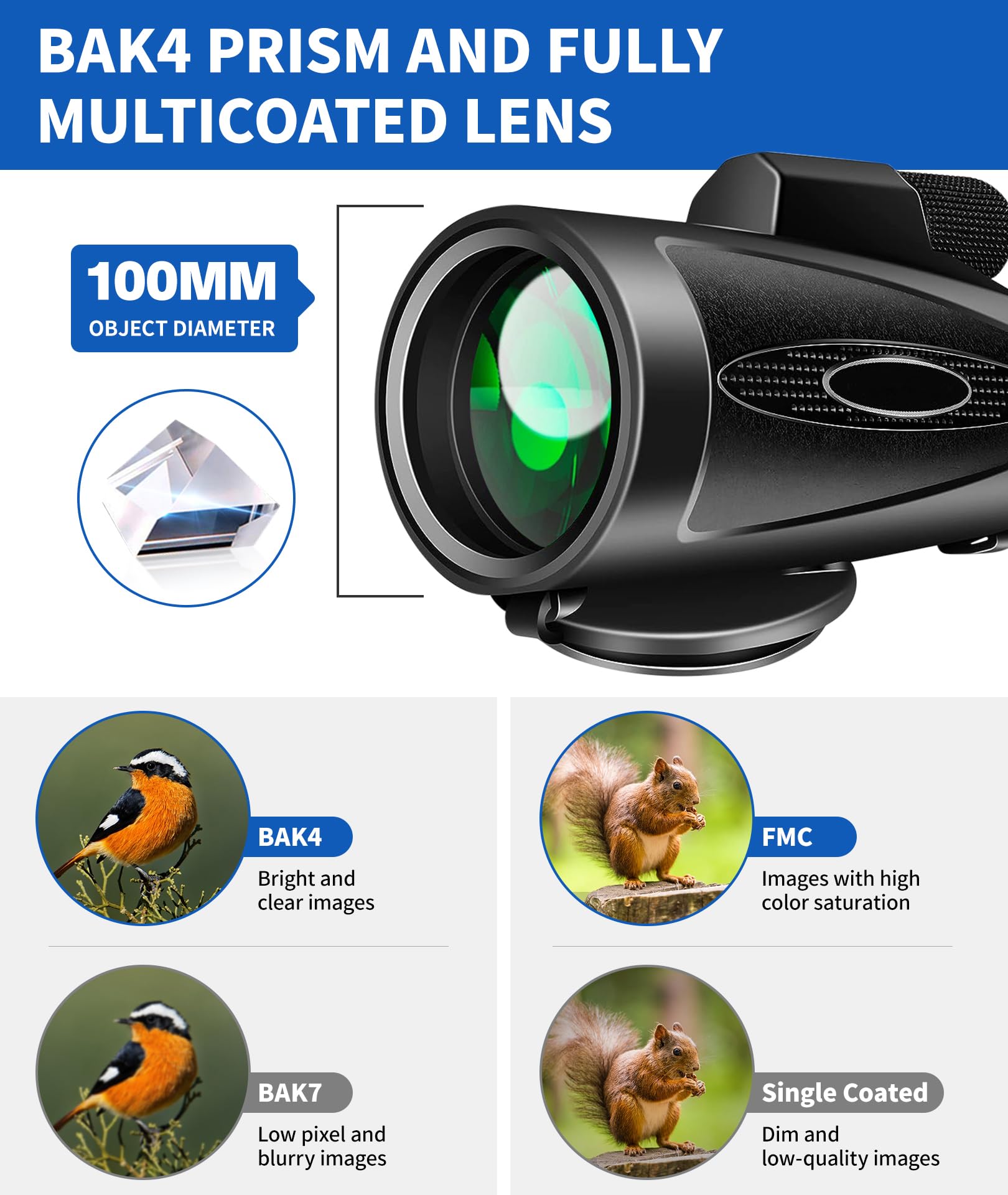 Md.Life Monocular Telescope 80X100 High Power With Smartphone Adapter Tripod,Larger Vision Monoculars For Adults With Bak4 Prism & Fmc Lens, Suitable For Bird Watching Hunting Hiking Camping Wildlife-Black