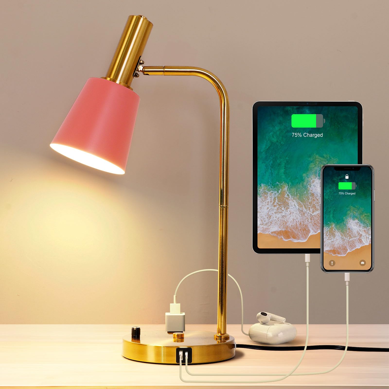 Beaysyty Pink Bedroom Lamp For Nightstand, Dimmable Bulb Table Lamp With Usb C And A Ports, Bedside Light With Ac Outlet For Kids Girls, Desk Lamp With Brass Metal Base