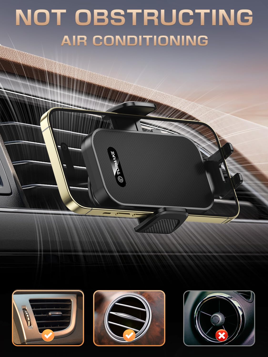 Topmake Car Phone Holder Mount,【 】 3-In-1 Cell Phone Holder For Car, Dashboard Windshield, Suction Cup Hands- Car Phone Stand, Automobile Cradles Universal,Black