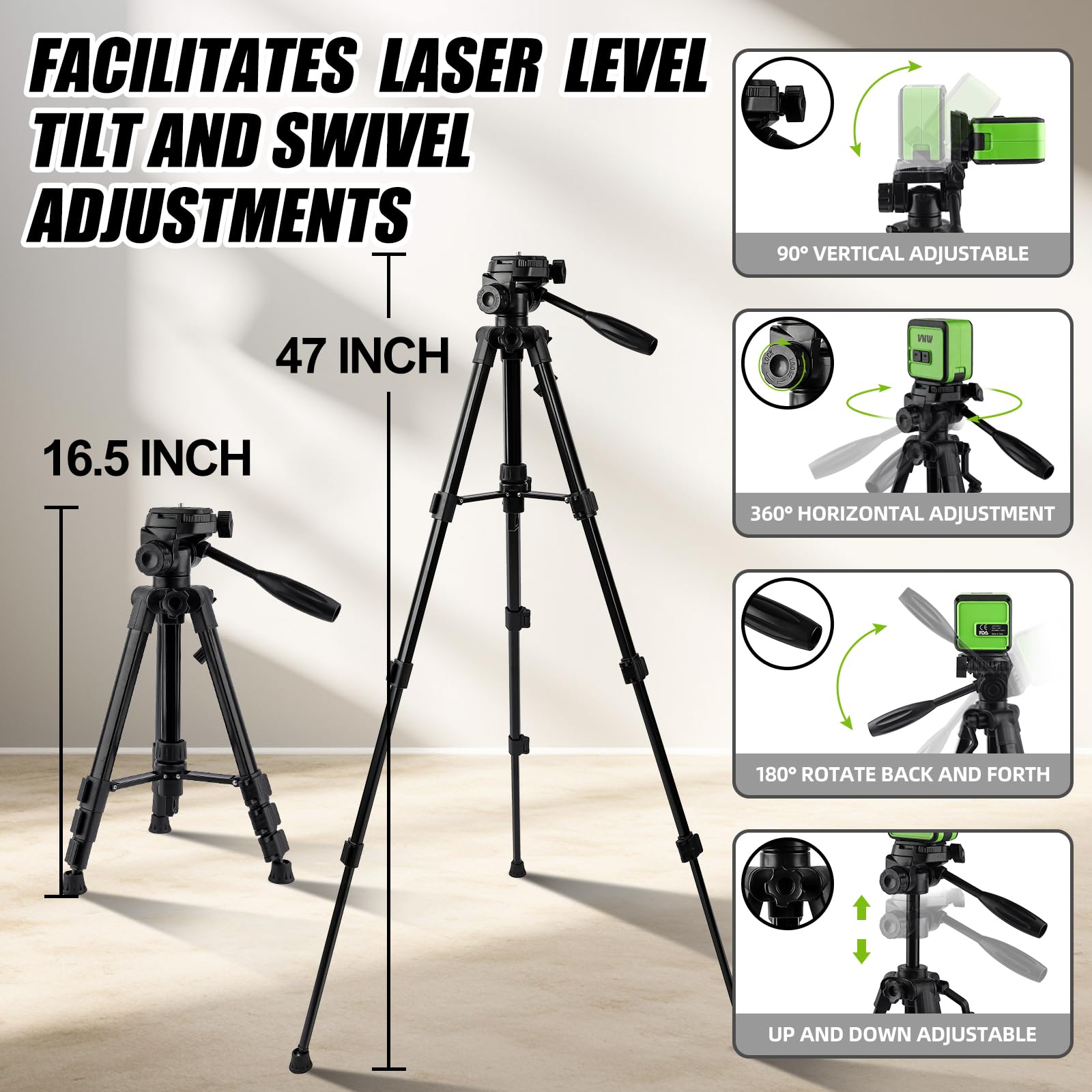 Vnw 47Inch Tripod With Bubble Level And Quick Release Plate,1/4"-20 Screw Mount - Compatible With Laser Level And Camera