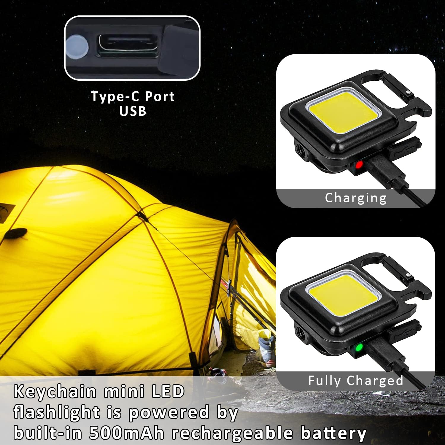 Makdak Cob Keychain Work Light Keychain Flashlights 4 Light Modes,Keychain Light Emergency Light With Folding Bracket Bottle Opener For Fishing,Camping And Walking 2Pack
