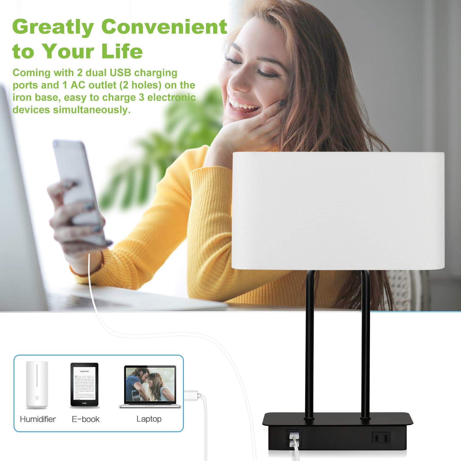 Lakumu Bedside Touch Control Table Lamp With Dual Usb Charging Ports 1 Ac Outlet, 3 Way Dimmable Modern Nightstand Lamp With White Fabric Shade, Desk Lamp For Bedroom Living Room Office With 5000K Led Bulb
