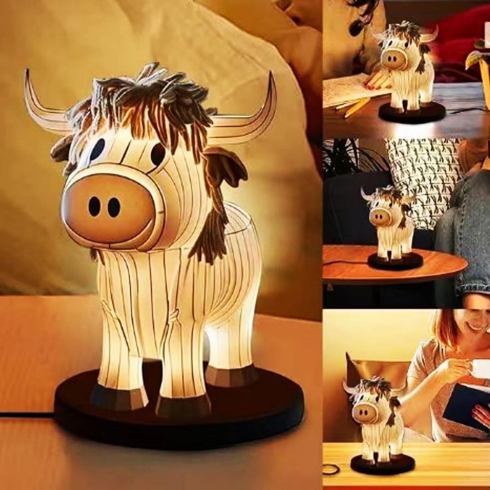Gutsyluv Highland Cow Resin Table Lamp,Farmhouse Cow Night Light Cute Bedside Lamp,Cute Animal Night Light With Usb Ports For Living Room, Bedroom, And Home Office Decor
