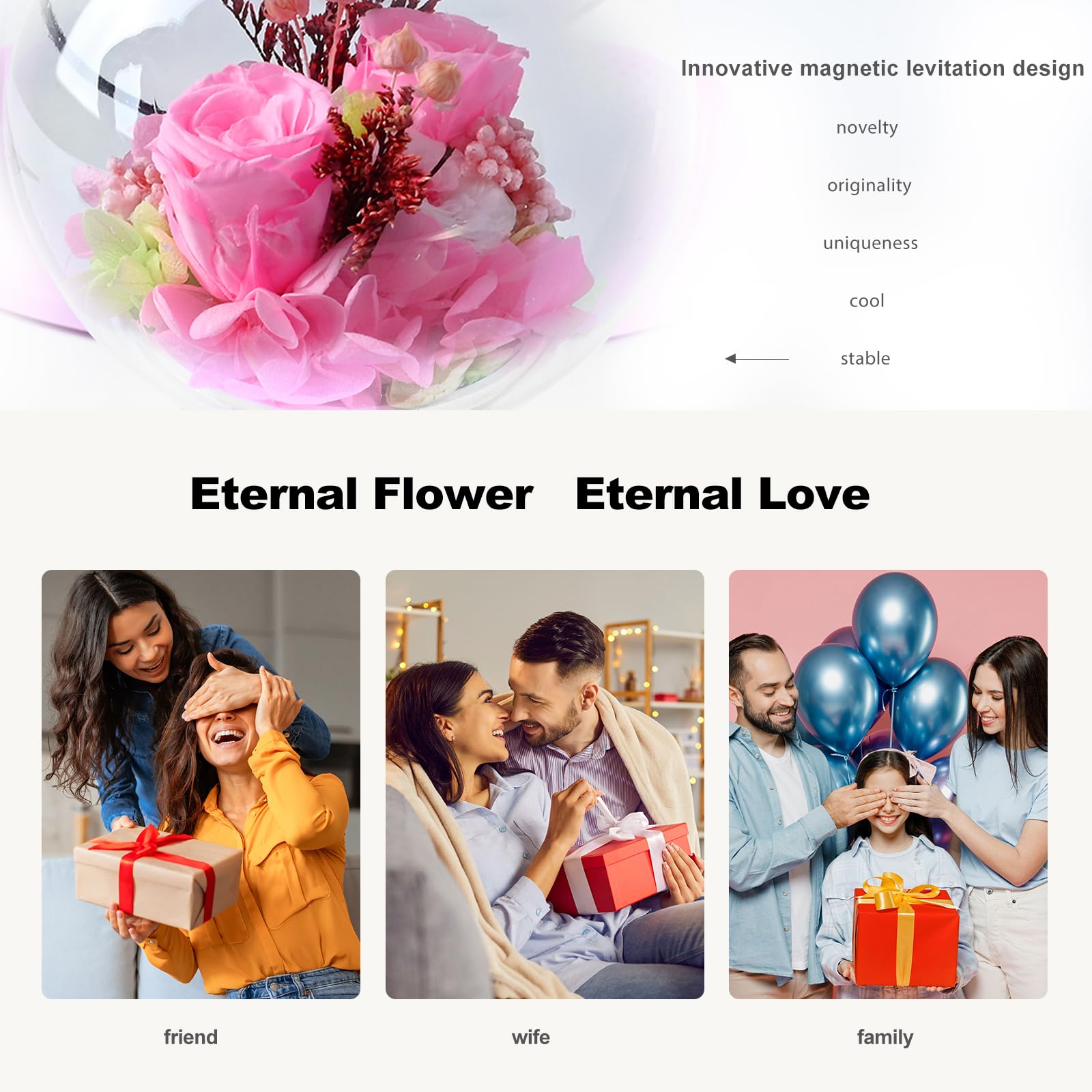 Lovelin Magnetic Levitation Circle Table Lamp With Bluetooth Speaker,5W Led Night Light,Three Variable Color,Automatic Rotating Preserved Flowers Creative Home Office Ornament Rotundity Layout
