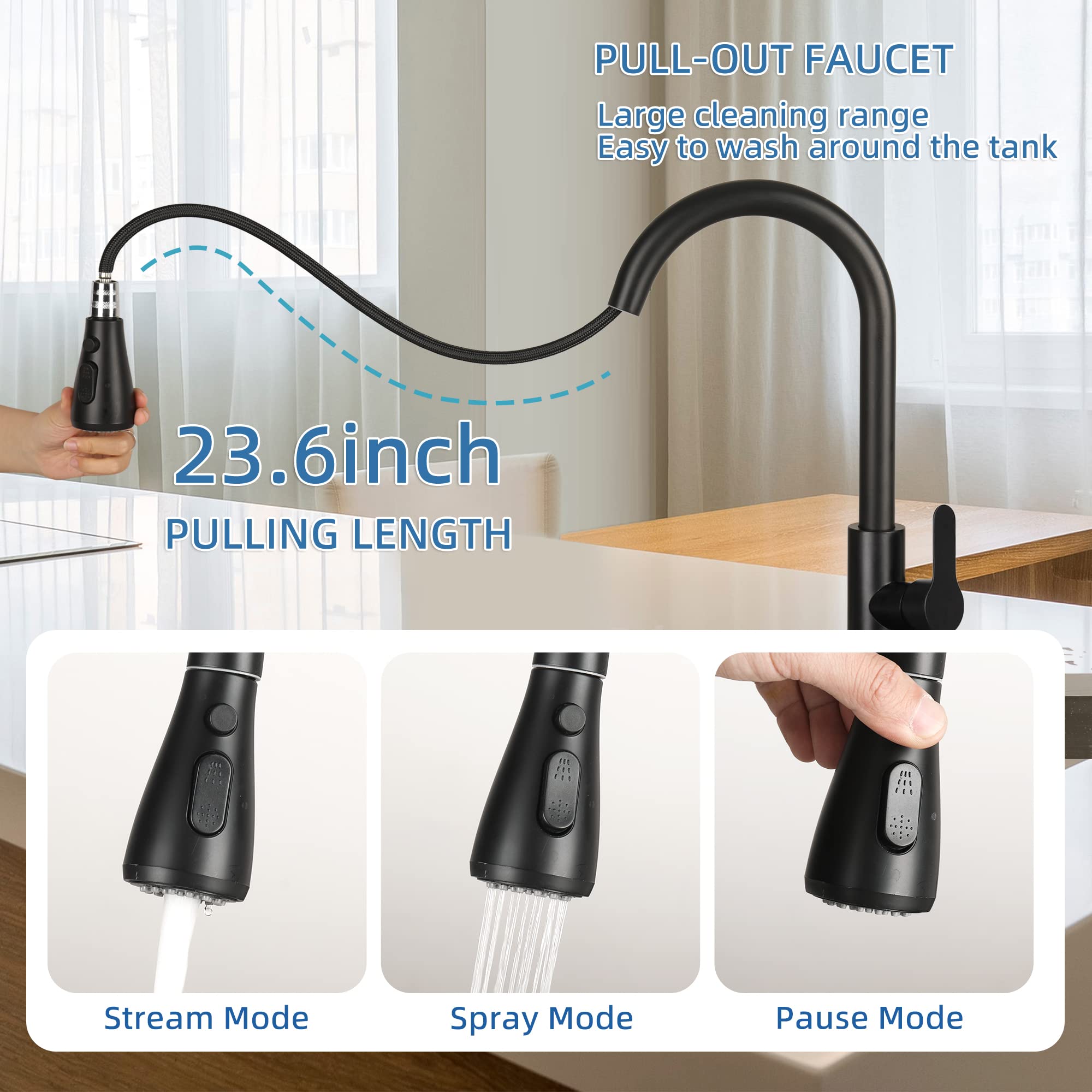 Cilaixi Kitchen Sink Faucet With Pull Down Sprayer With Deck Plate Home Handle Stainless Steel 360 High Arc Swivel Efficient Cleaning Brushed Out Kitchens Tap Faucets (Matte Black)