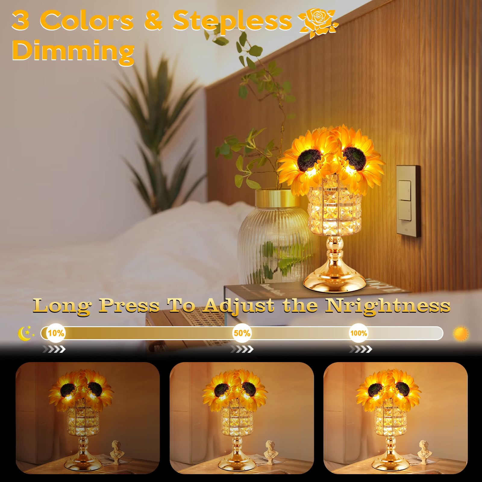 Tynled Sunflower Lamp,Portability Rechargeable Touch Table Lamp,10+ Hours Runtime&3-Colour Infinitely Dimming Sunflower Crystal Table Lamp,Eye Care Small Night Light For Bedside Lamp, For Women