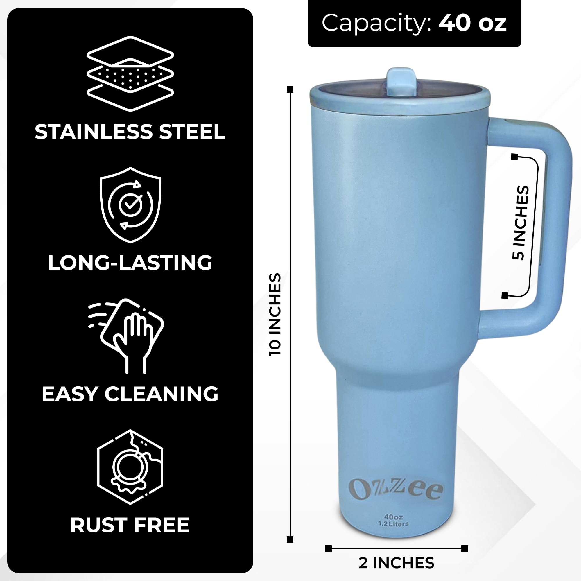 Traveler - 40 Oz Water Bottle With Handle & Flip Straw 3 Leakproof Lids, Stainless Steel Vacuum