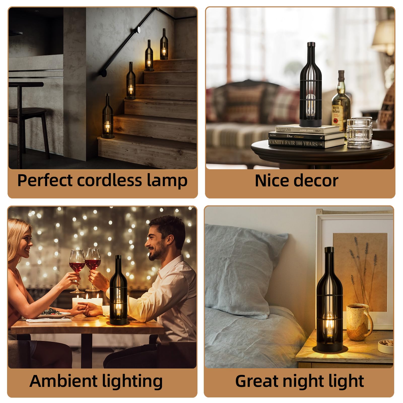 Mj Premier Battery Operated Cordless Lamps Timer, Wooden Wine Bottle Shape Table Lamp, Portable Emergency Lamp For Area No Plug, Decorative Accent Lamp For Tabletop/Corner/Entryway/Stairway/Bathroom (Jet Black)
