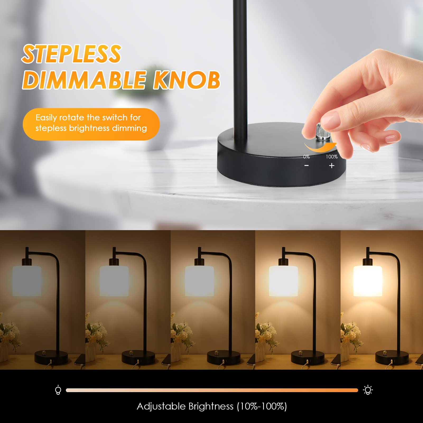 Topyond Modern Table Lamp, Dimmable Touch Control Black Bedside Lamp With 2 Usb Ports, Ac Socket, Round Shade For Bedroom, Living Room And Home Office Use