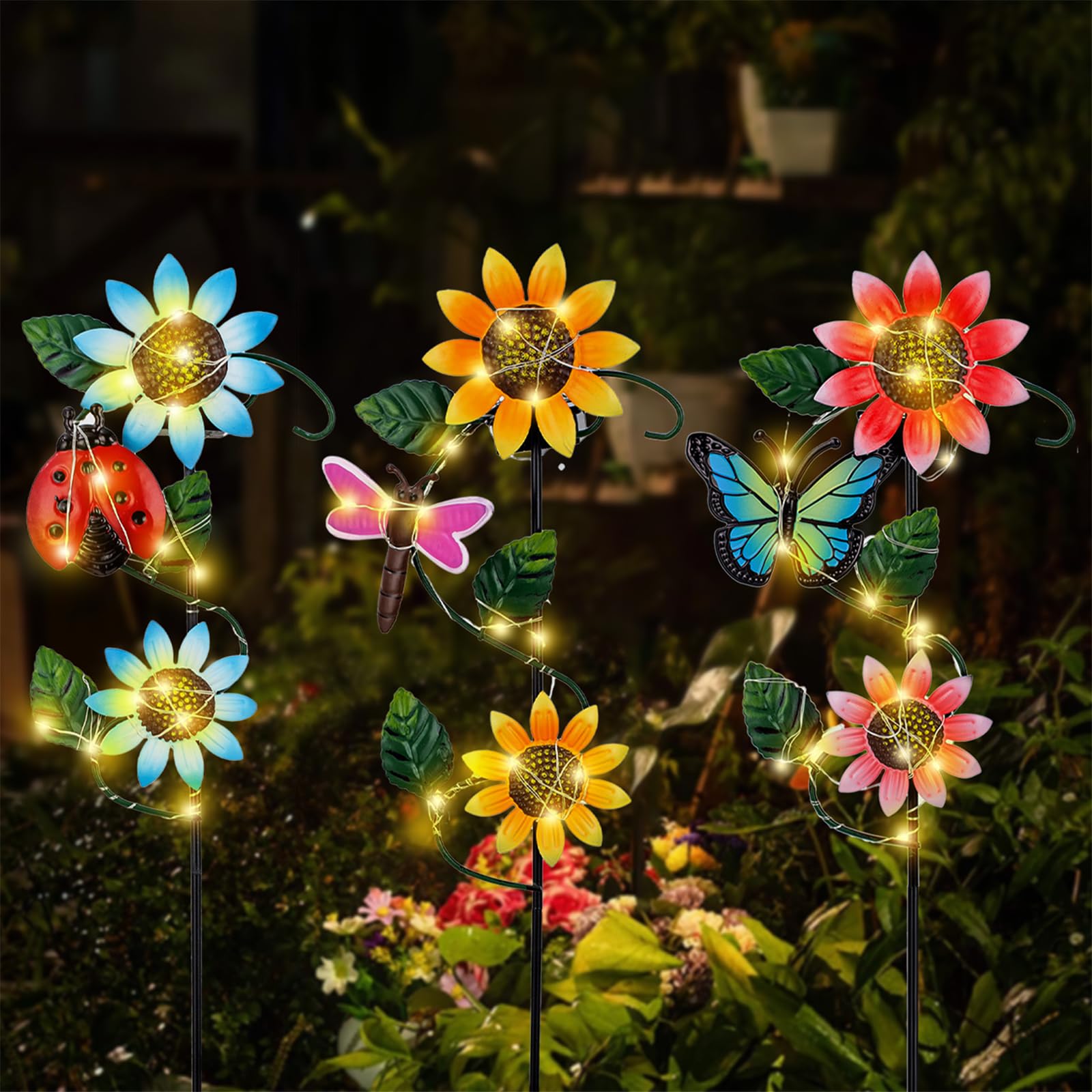 Qipade 3 Pack Solar Garden Light, Sunflower & Insect Metal Solar Stake Lights, Outdoor Statues Figurine Lights For Spring Garden Lawn Patio Yard Decor