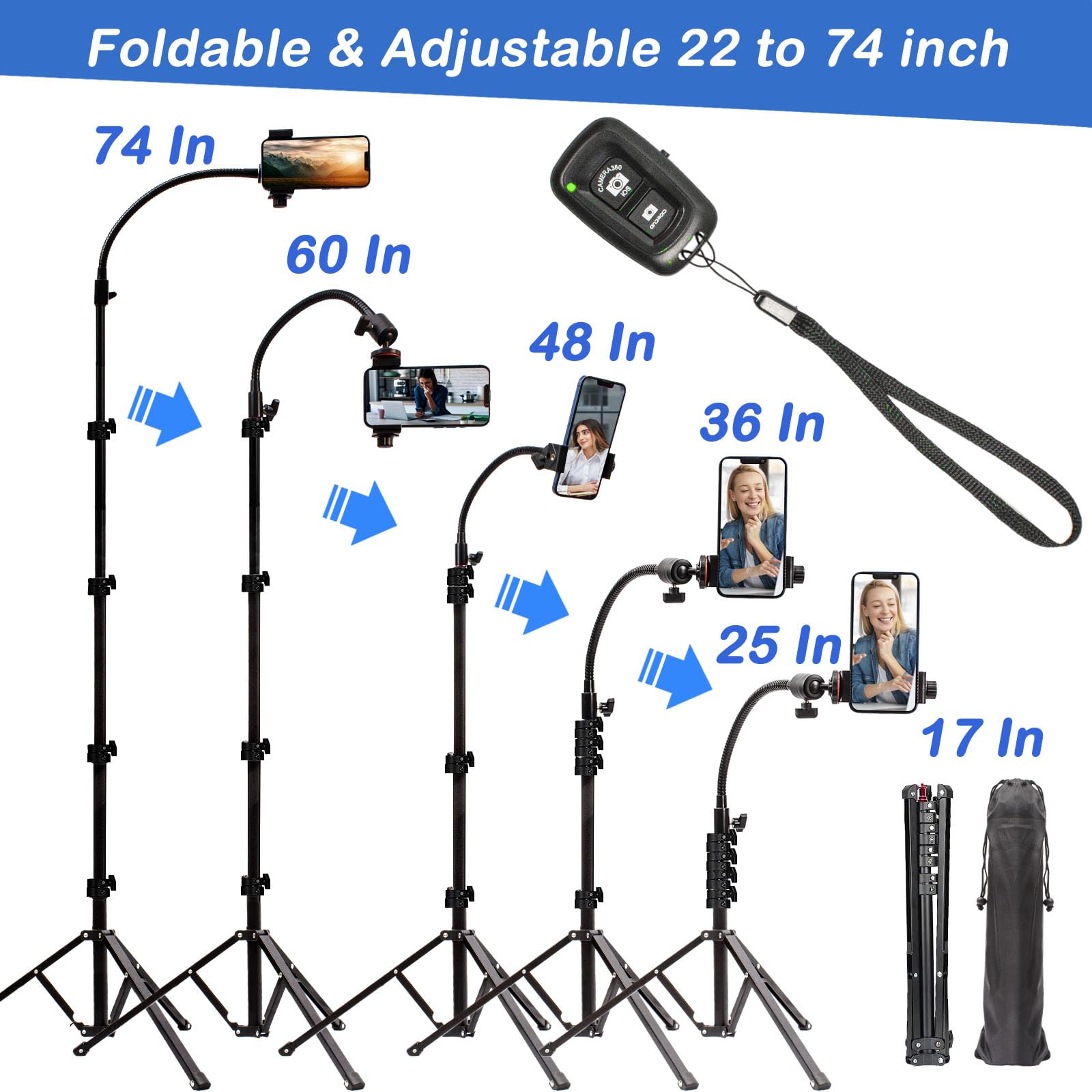 Qualiassu Adjustable Gooseneck Phone Tripod With Carry Bag, 360 Swivel Head, Clamp For Iphone 16/Pro/Pro Max/Plus/15/14/13/12/11, S22/S21